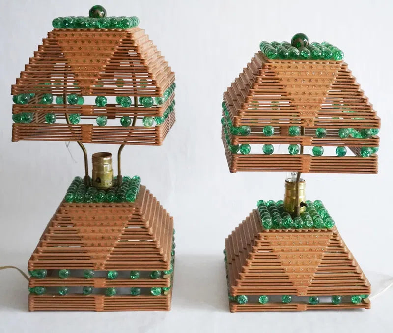 Popsicle Stick and Glass Beads Tramp Art Lamps, Pair Available