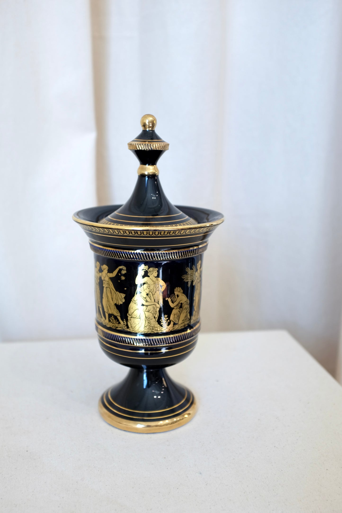 Greek Gilt Blue Porcelain Lidded Urn, Sphathas Karamik