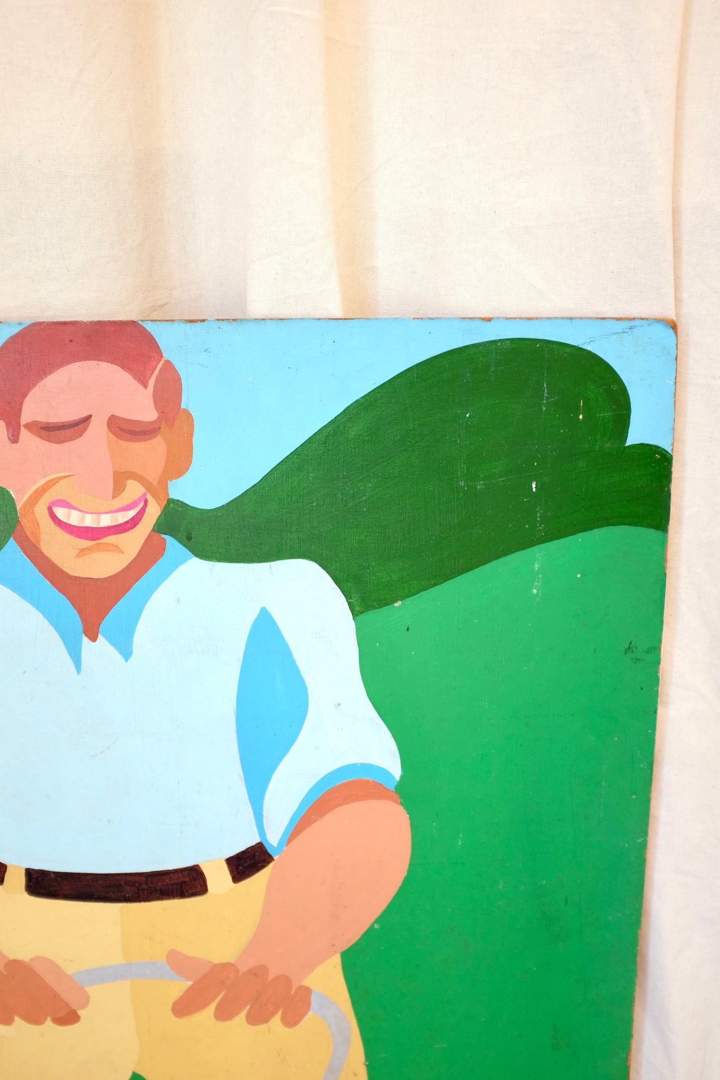 Man and Lawnmower, Folk Art Painting on Board