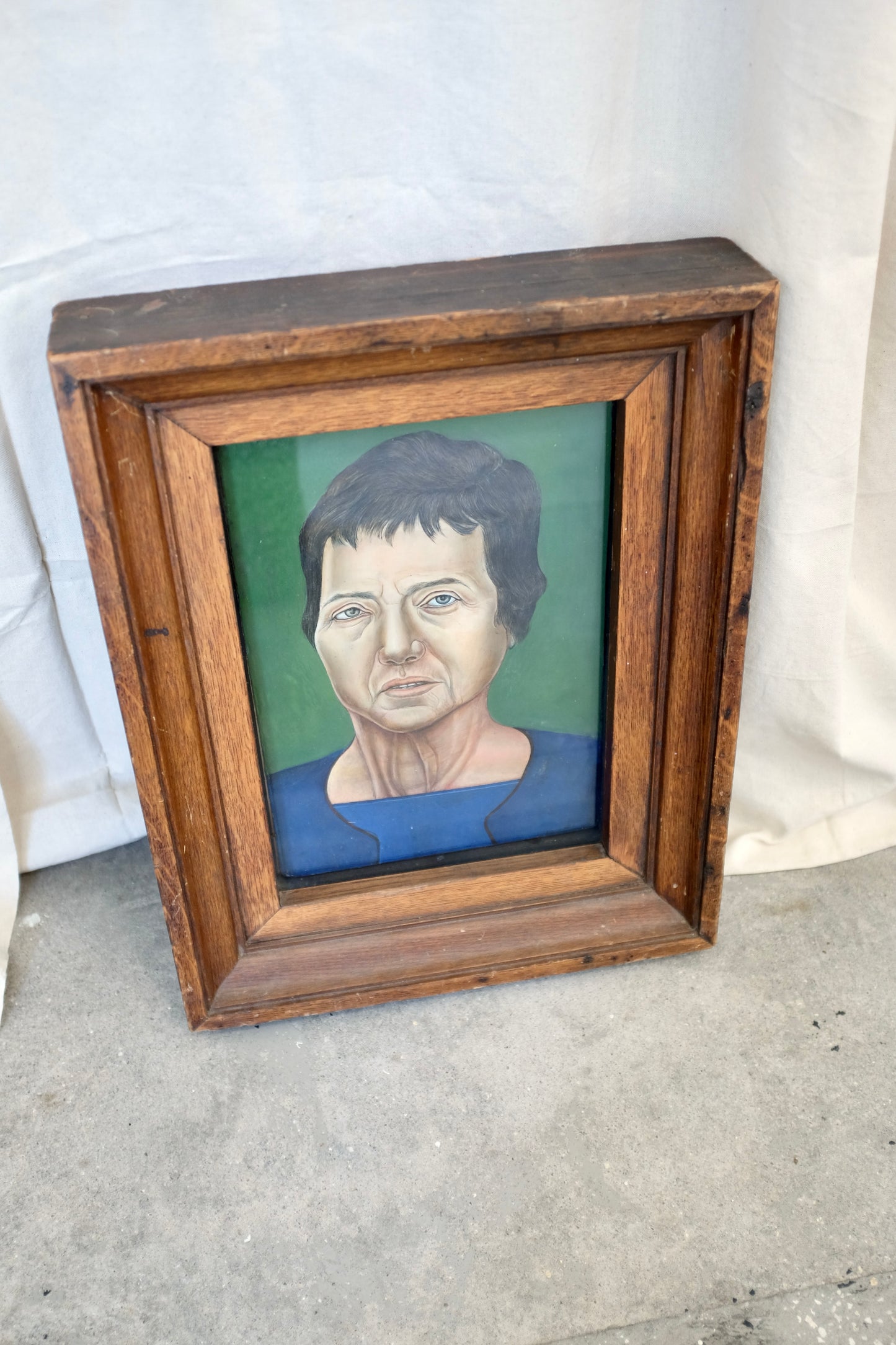 Framed Portrait of Woman on Green, Oil on Plywood