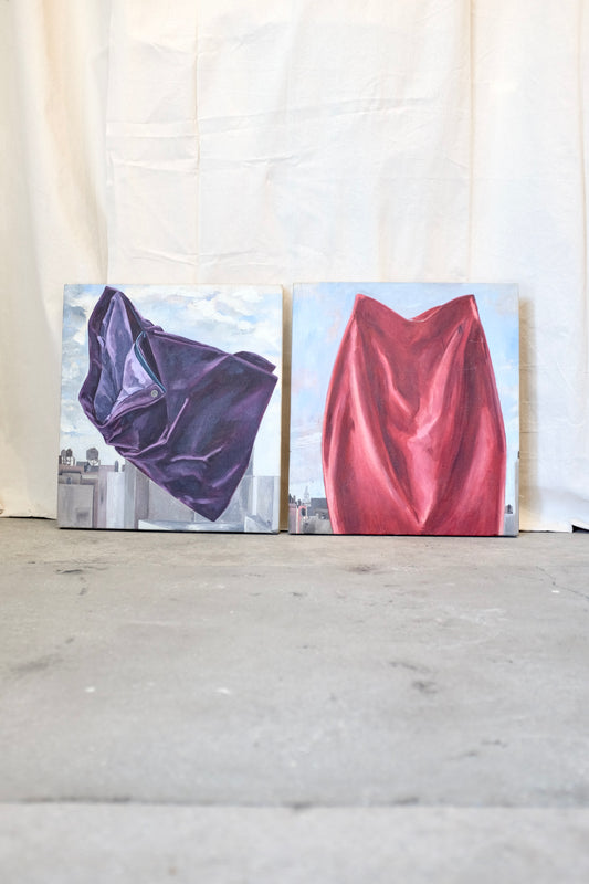 Draped Fabric on Cityscape Oil Paintings, Pair Available