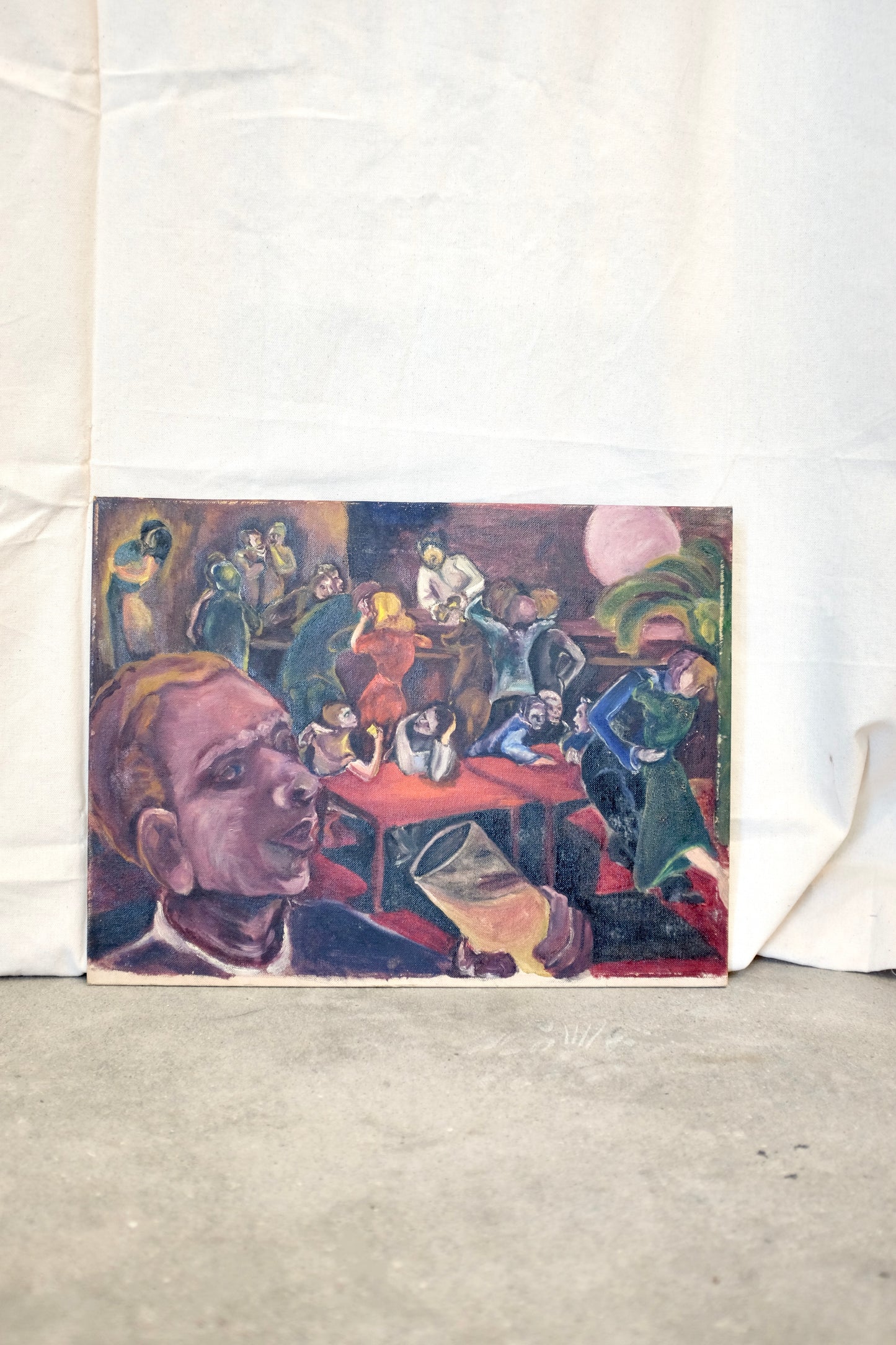 Colorful Bar Scene Painting on Board