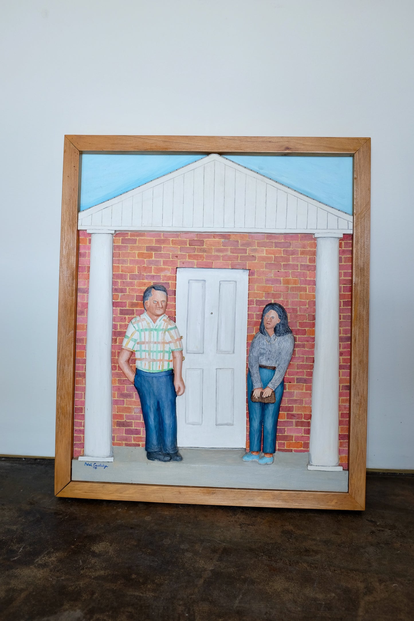 A Visit From the Goodsteins, Folk Art Wood Bas-Relief Painting, Ned Cartledge