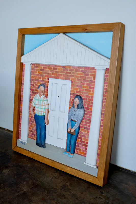 A Visit From the Goodsteins, Folk Art Wood Bas-Relief Painting, Ned Cartledge
