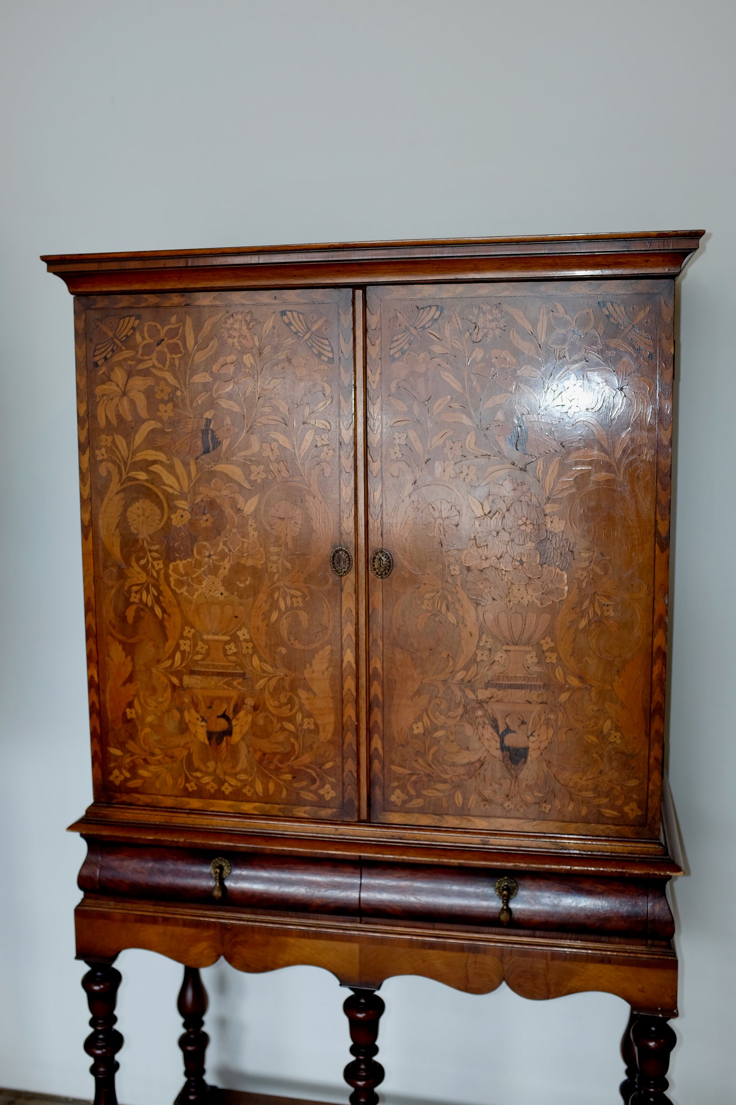 Natural Scene English Marquetry Wood Cabinet on Stand