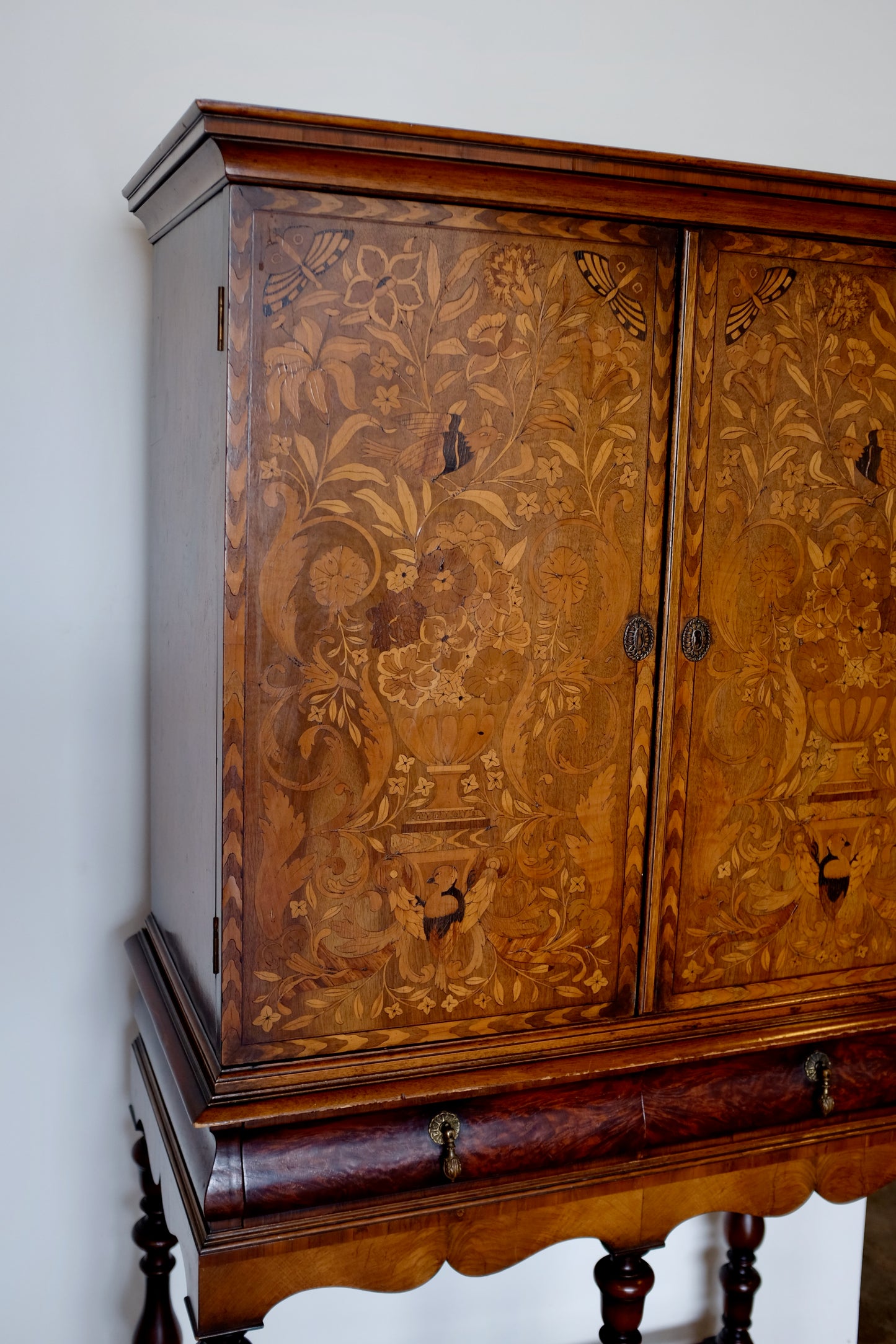 Natural Scene English Marquetry Wood Cabinet on Stand