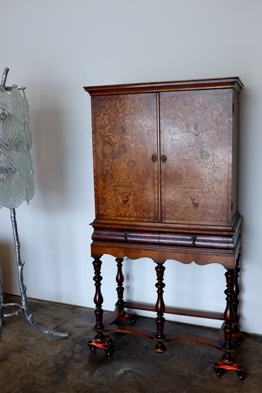 Natural Scene English Marquetry Wood Cabinet on Stand