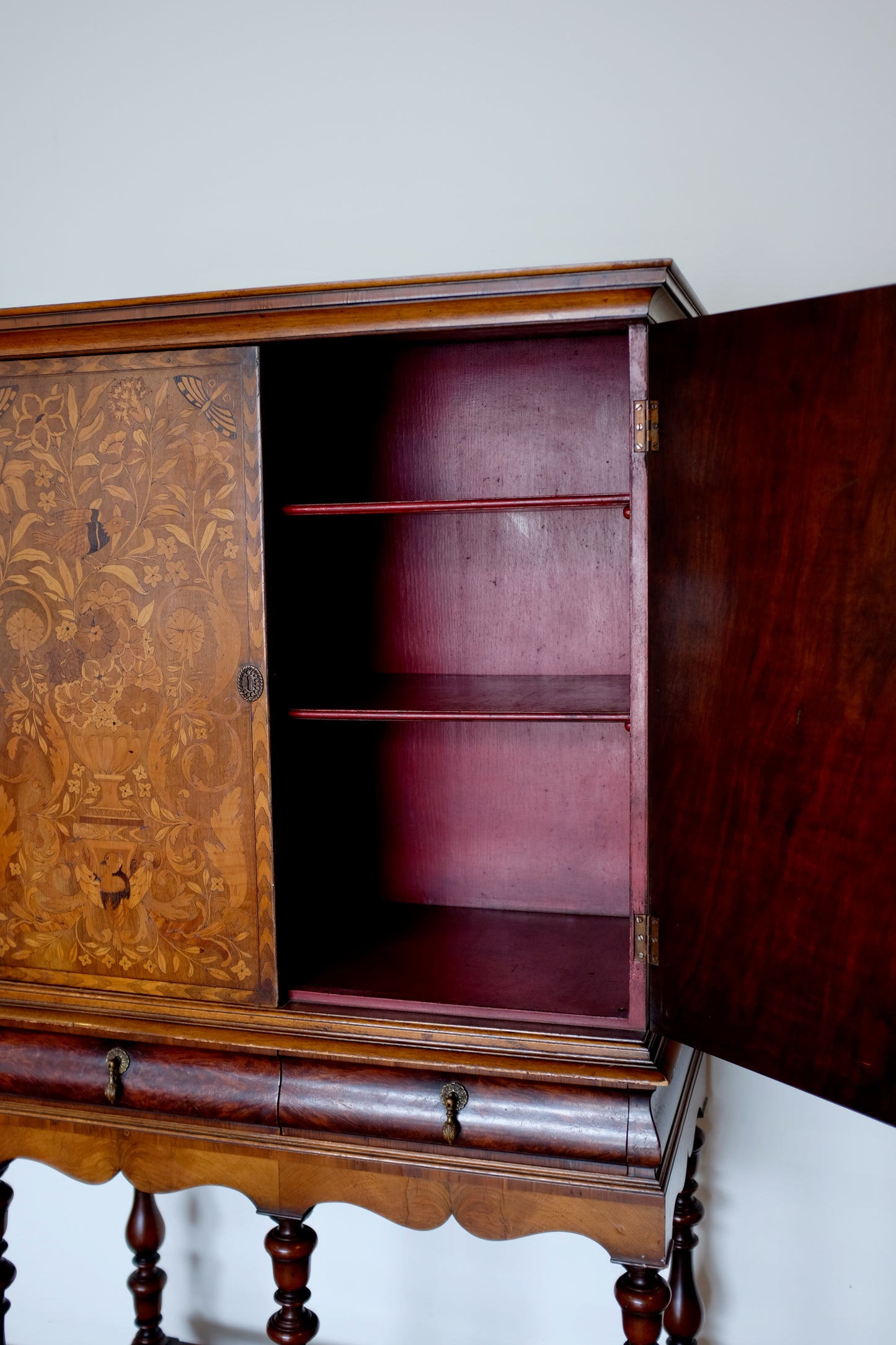 Natural Scene English Marquetry Wood Cabinet on Stand