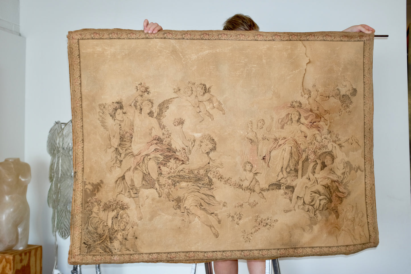 Vintage Putti Tapestry on Hanging Rod
