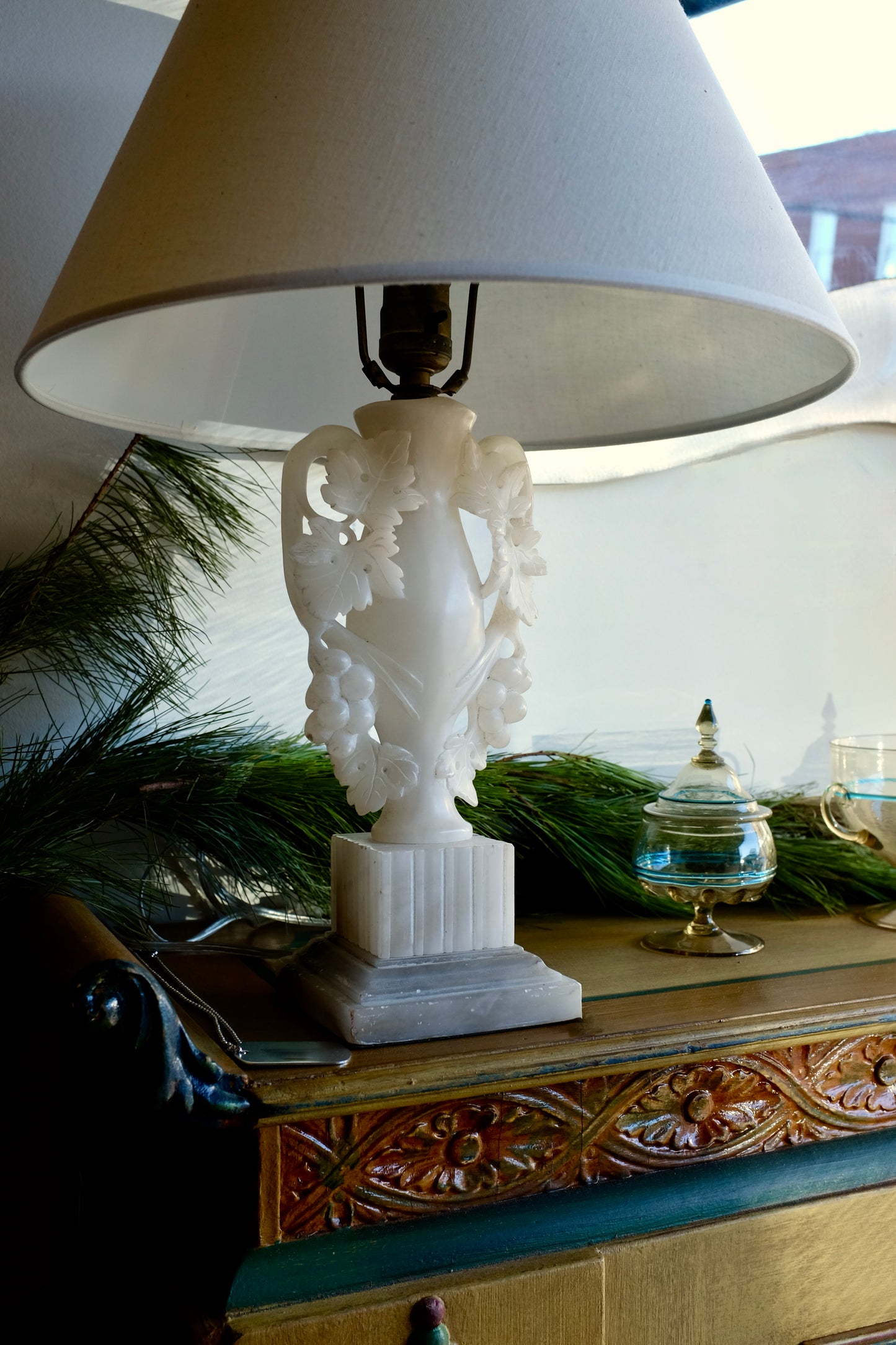 Alabaster Grape Leaves Lamps, Pair Available
