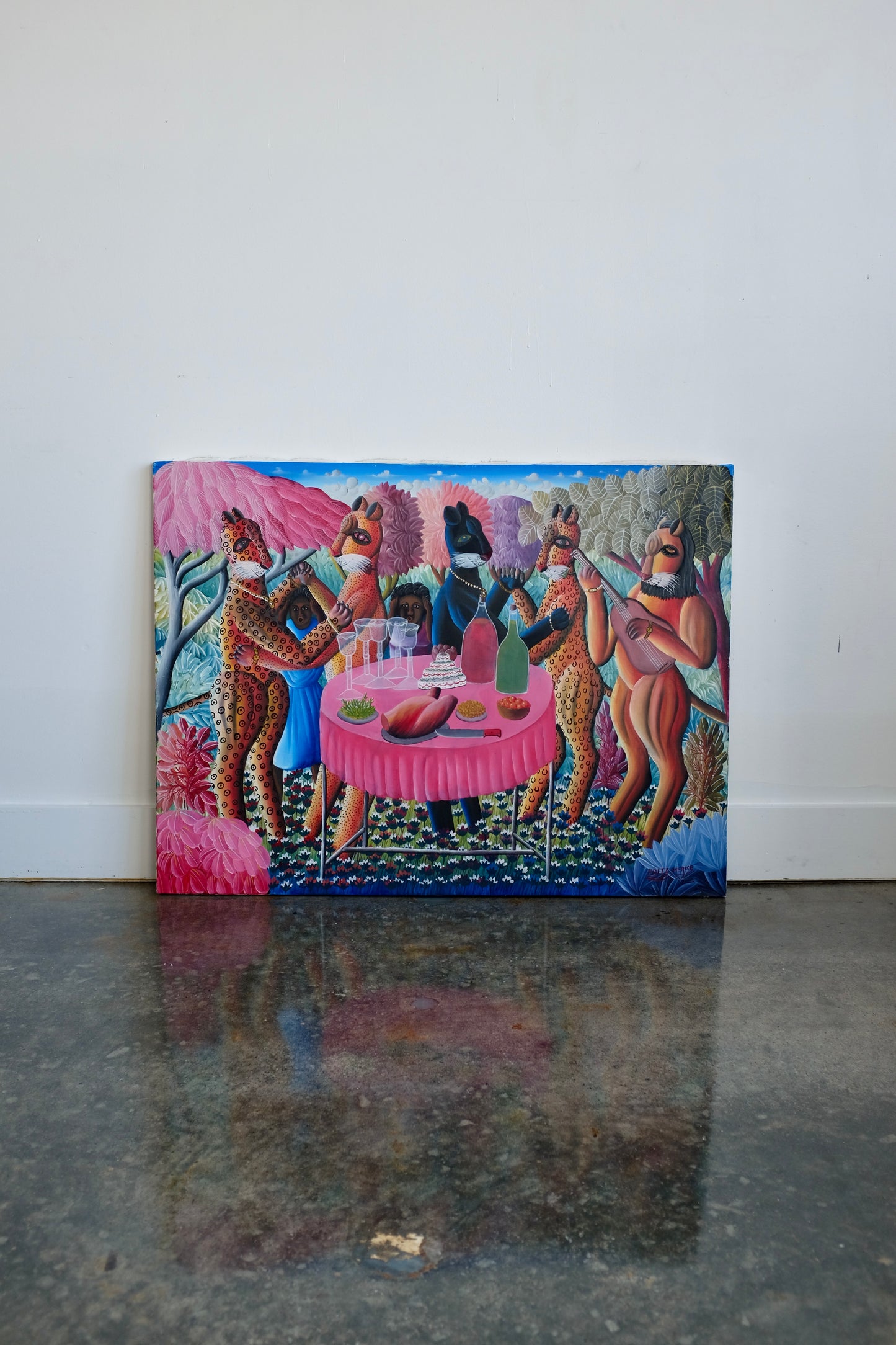 Party Scene with Jungle Cats, Haitian Painting, Fritz Merise