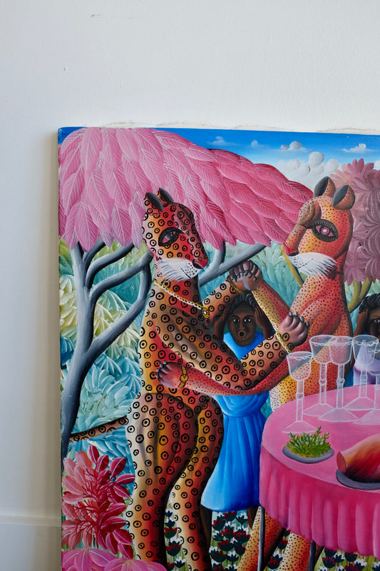 Party Scene with Jungle Cats, Haitian Painting, Fritz Merise