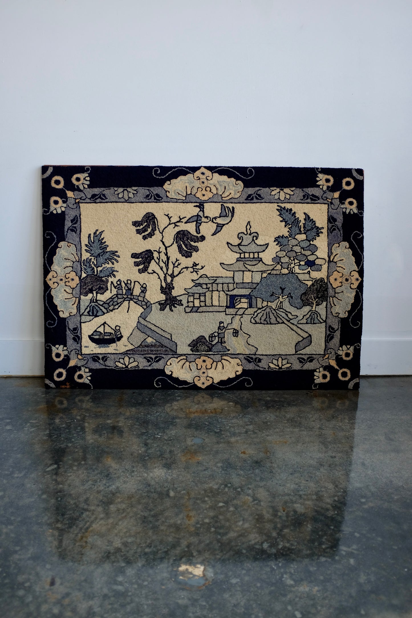 Chinoiserie Hooked Rug Mounted for Wall Hanging