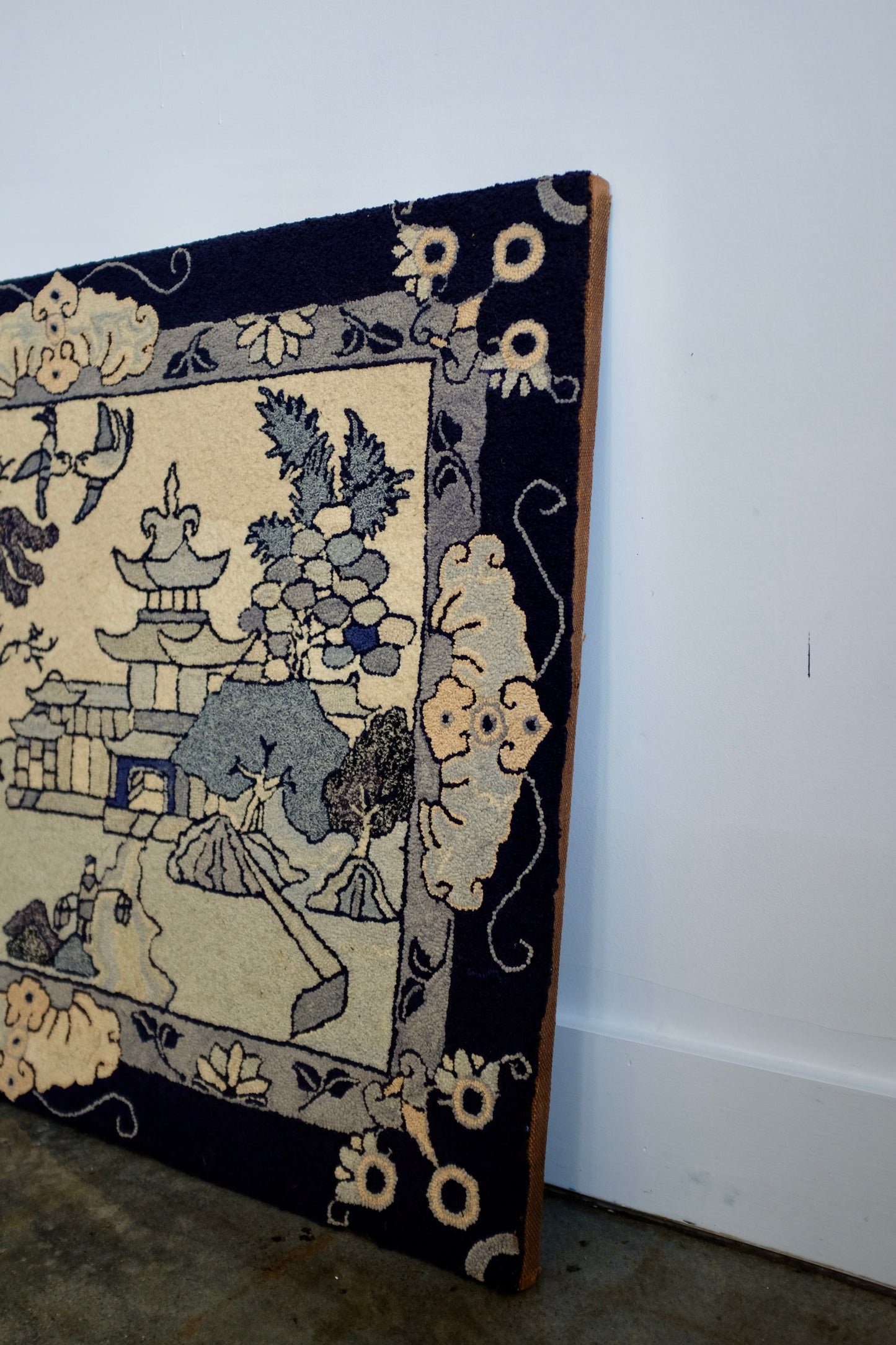 Chinoiserie Hooked Rug Mounted for Wall Hanging