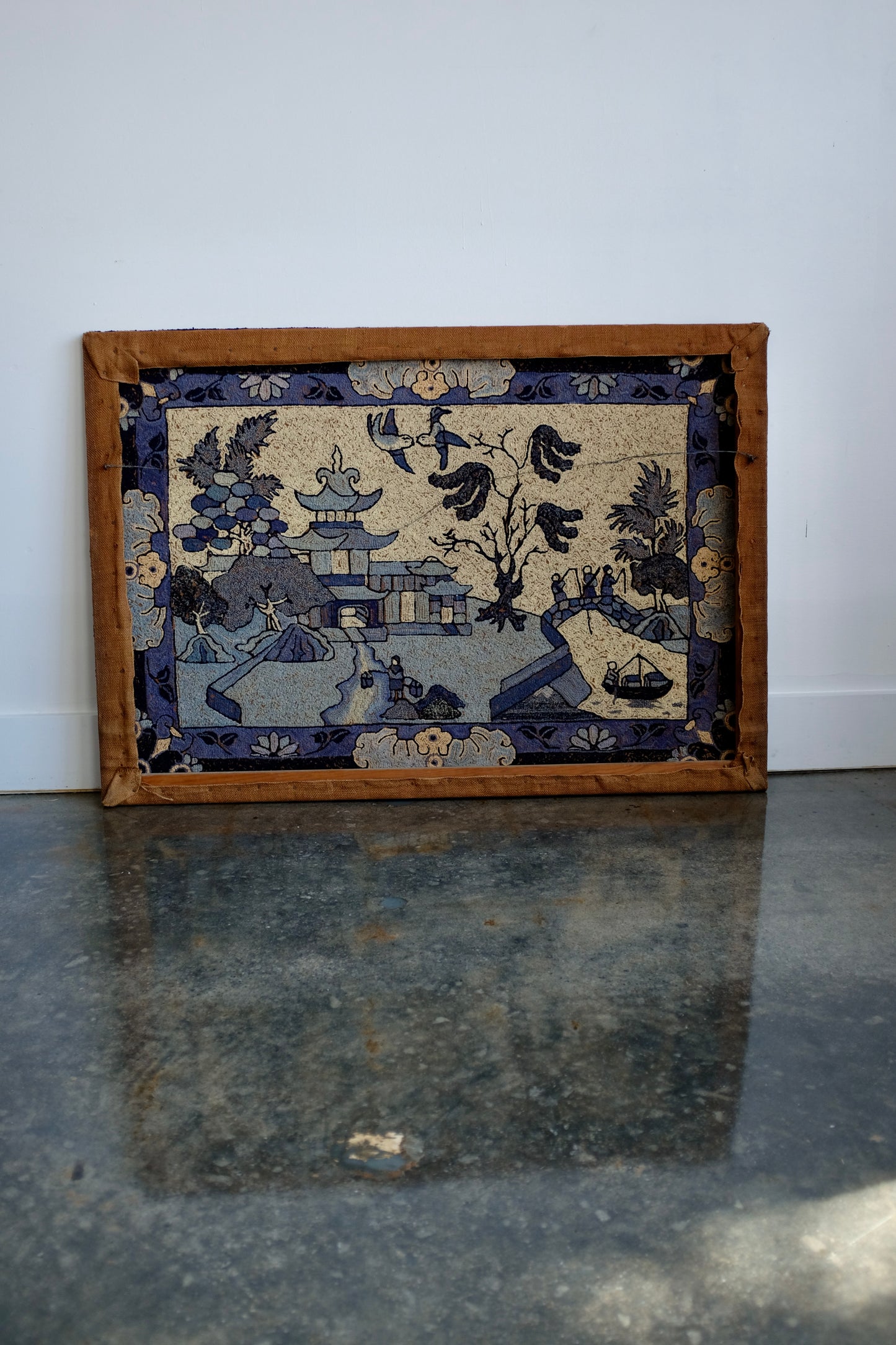 Chinoiserie Hooked Rug Mounted for Wall Hanging