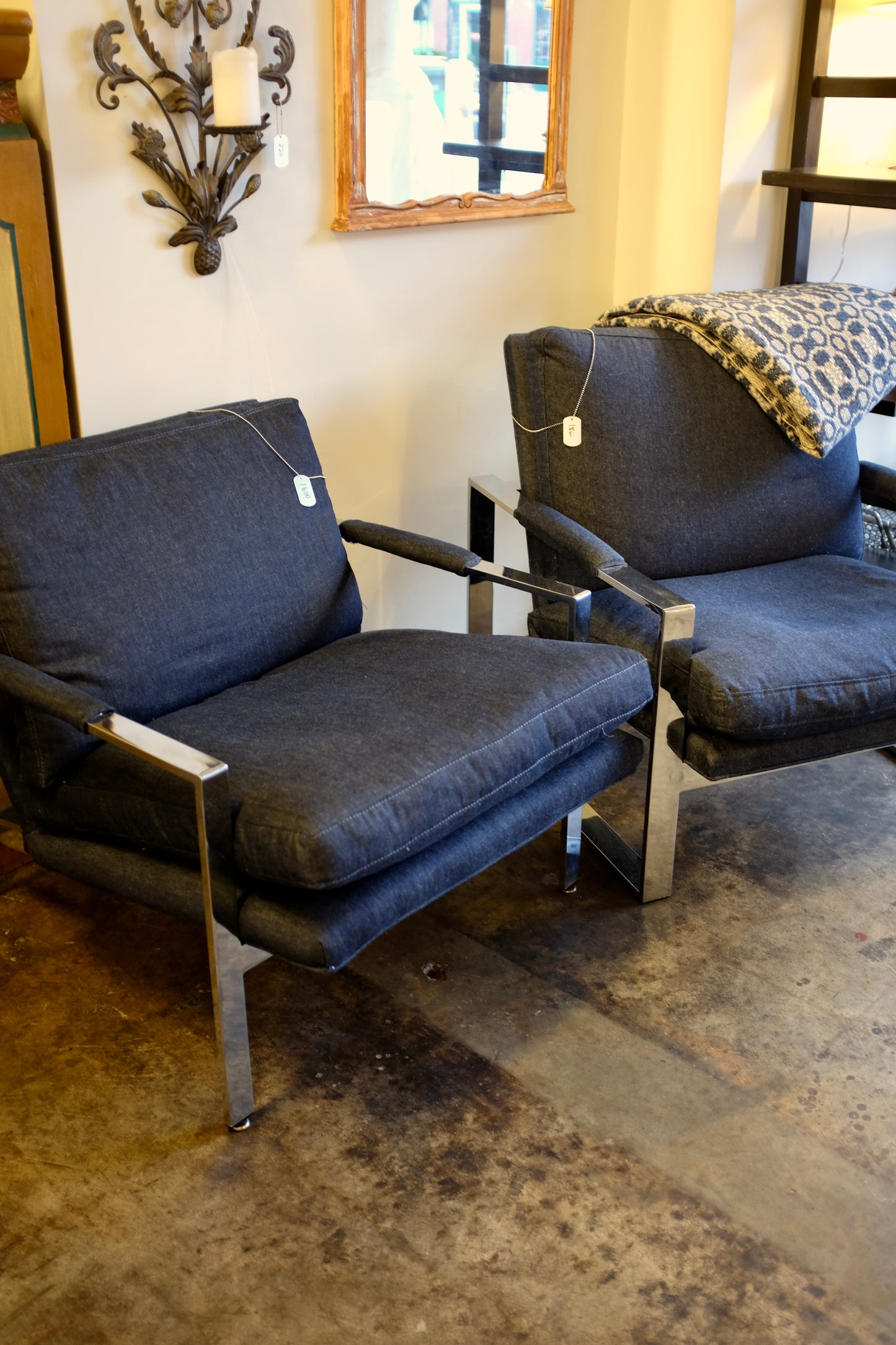 Denim and Chrome Chair, Milo Baughman Style