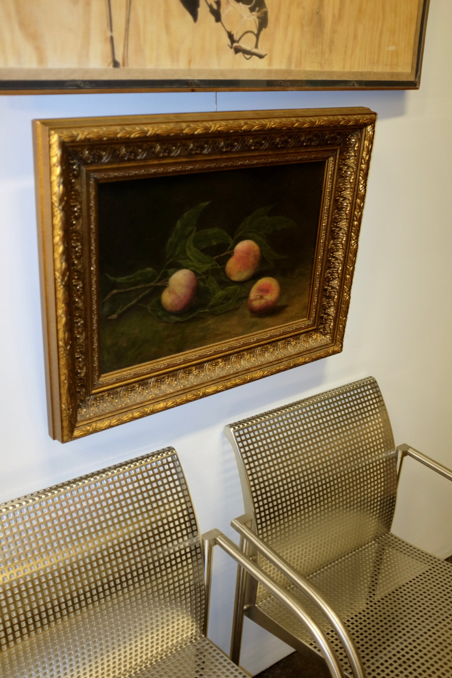 Still Life of Peaches on the Branch in Gilt Frame