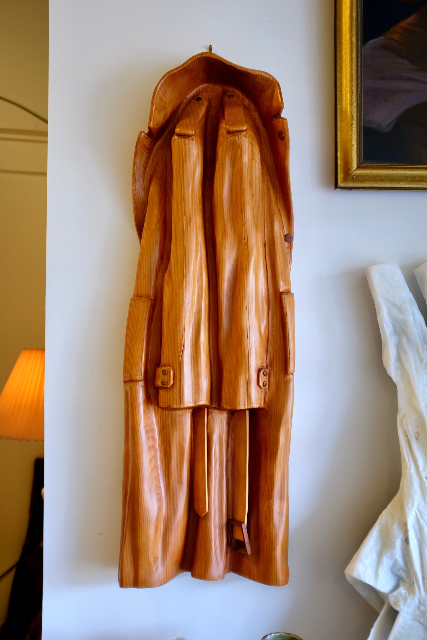 Trench Coat, Wood Sculpture, Rene Megroz, 1998