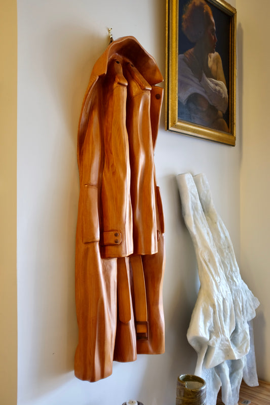 Trench Coat, Wood Sculpture, Rene Megroz, 1998