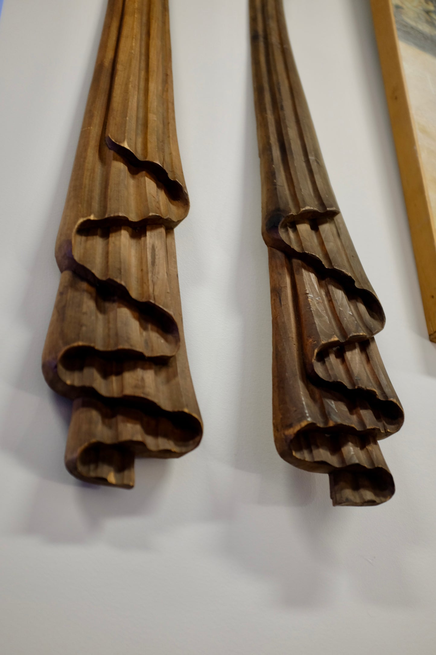 Carved Wood Drape Hangings, Pair