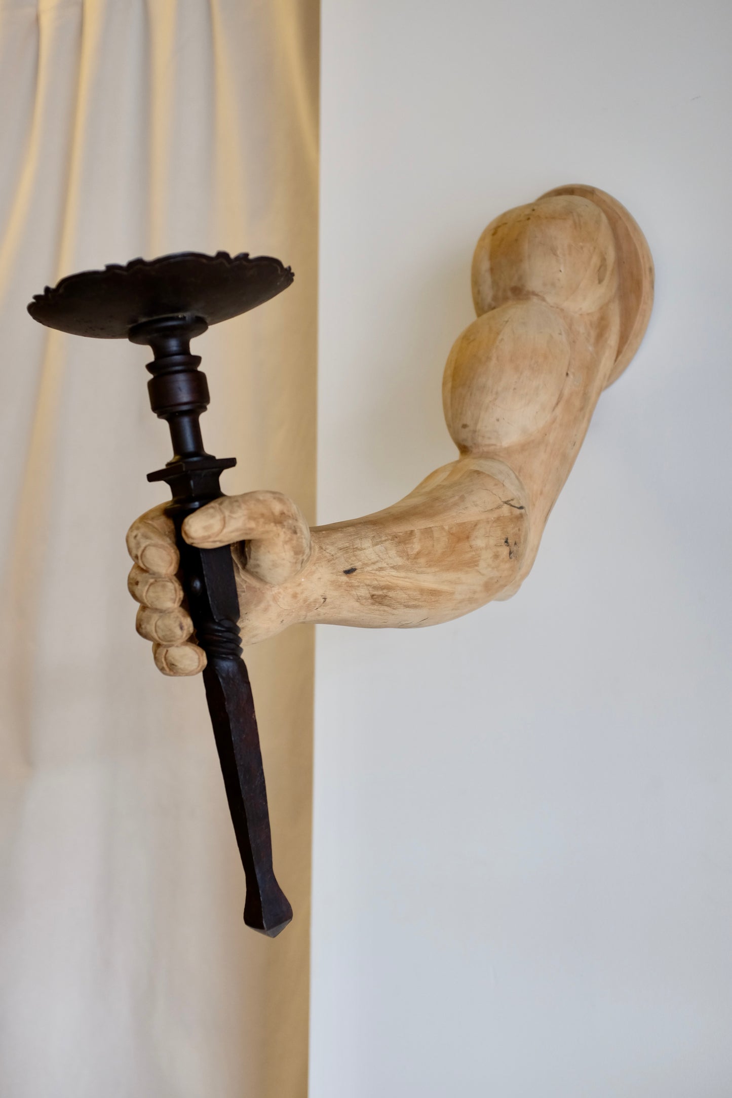 Very Muscular Carved Arm Sconces, Pair