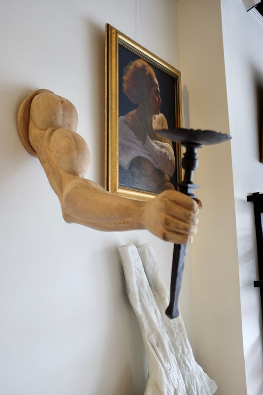 Very Muscular Carved Arm Sconces, Pair