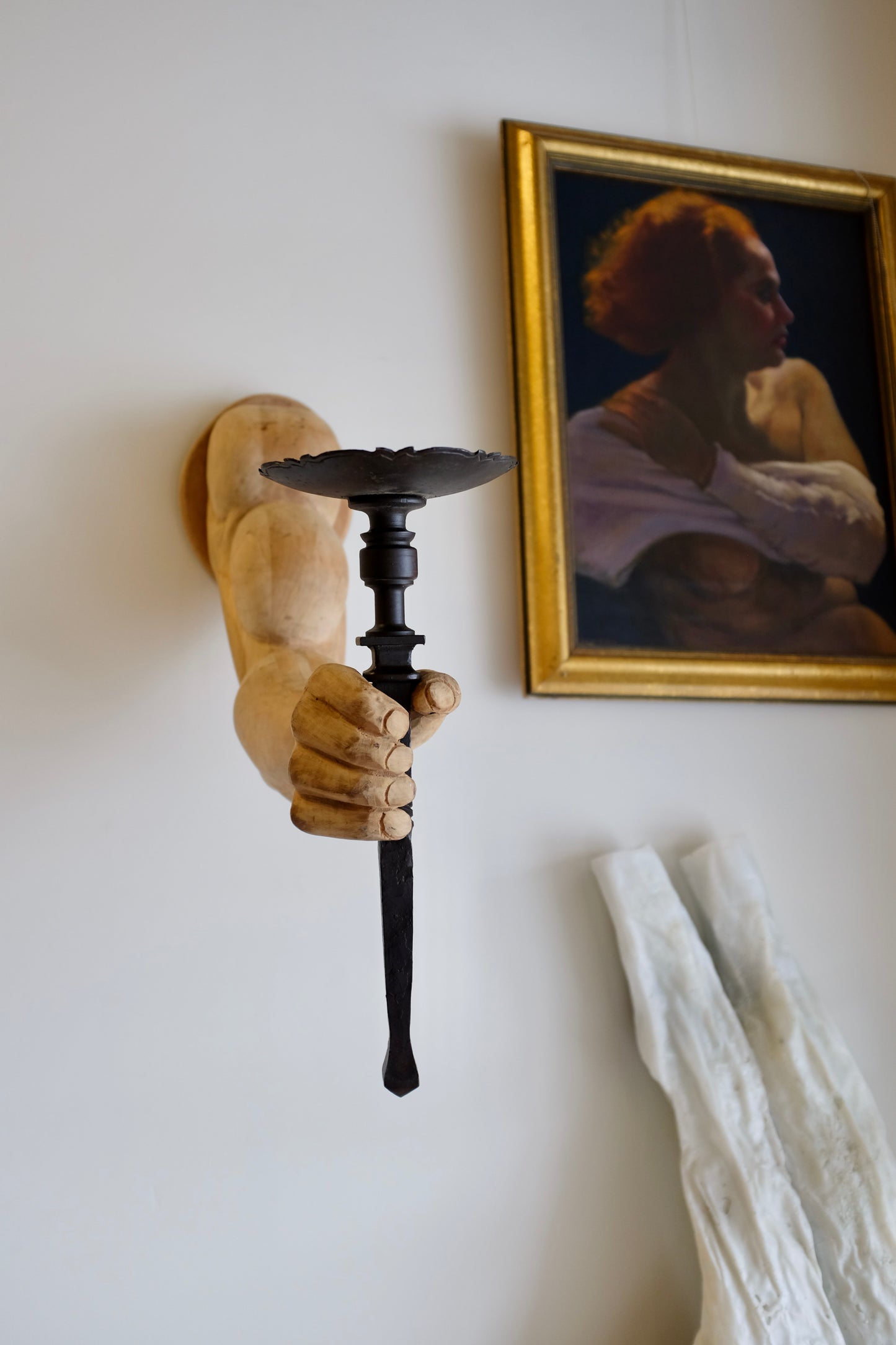 Very Muscular Carved Arm Sconces, Pair