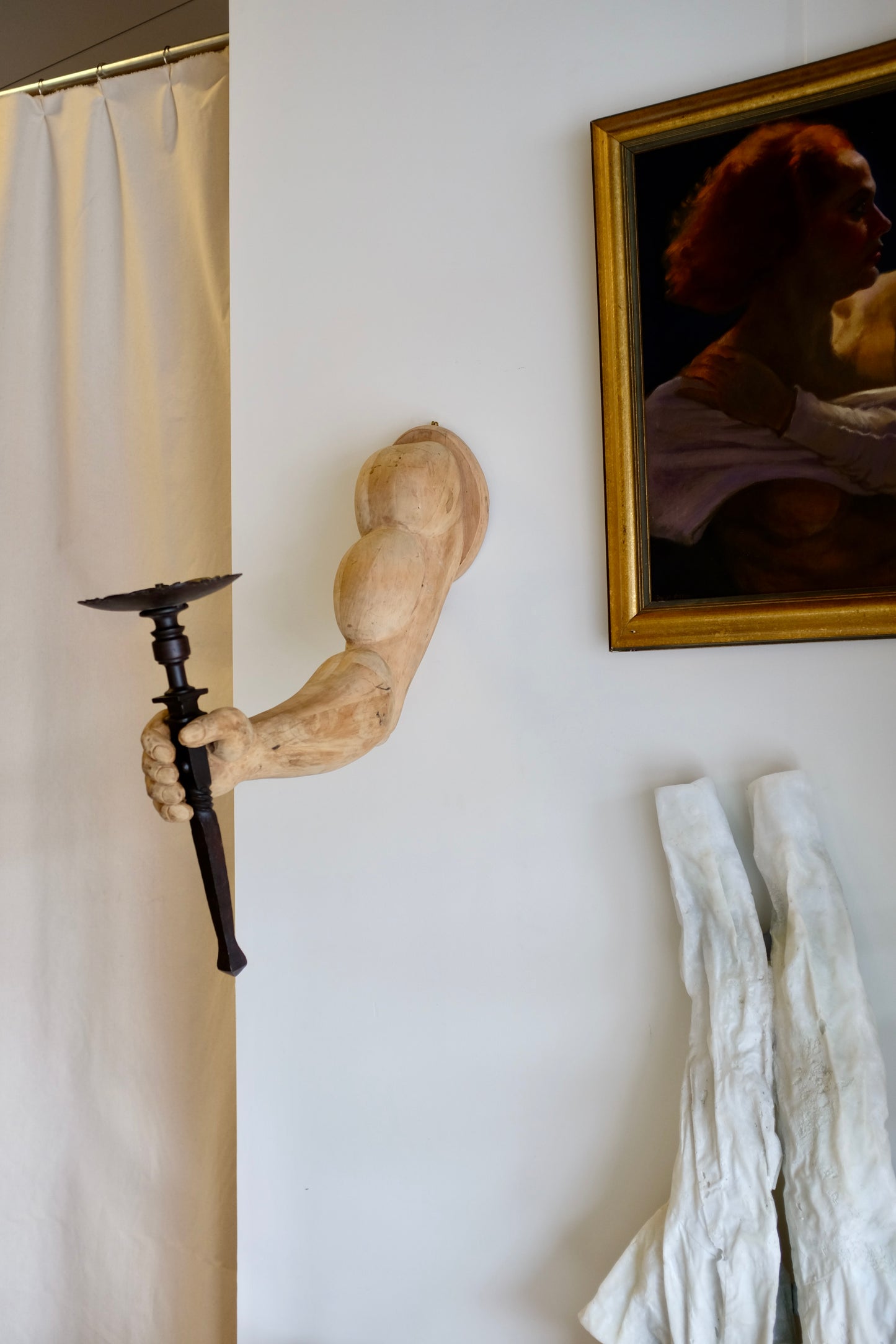 Very Muscular Carved Arm Sconces, Pair