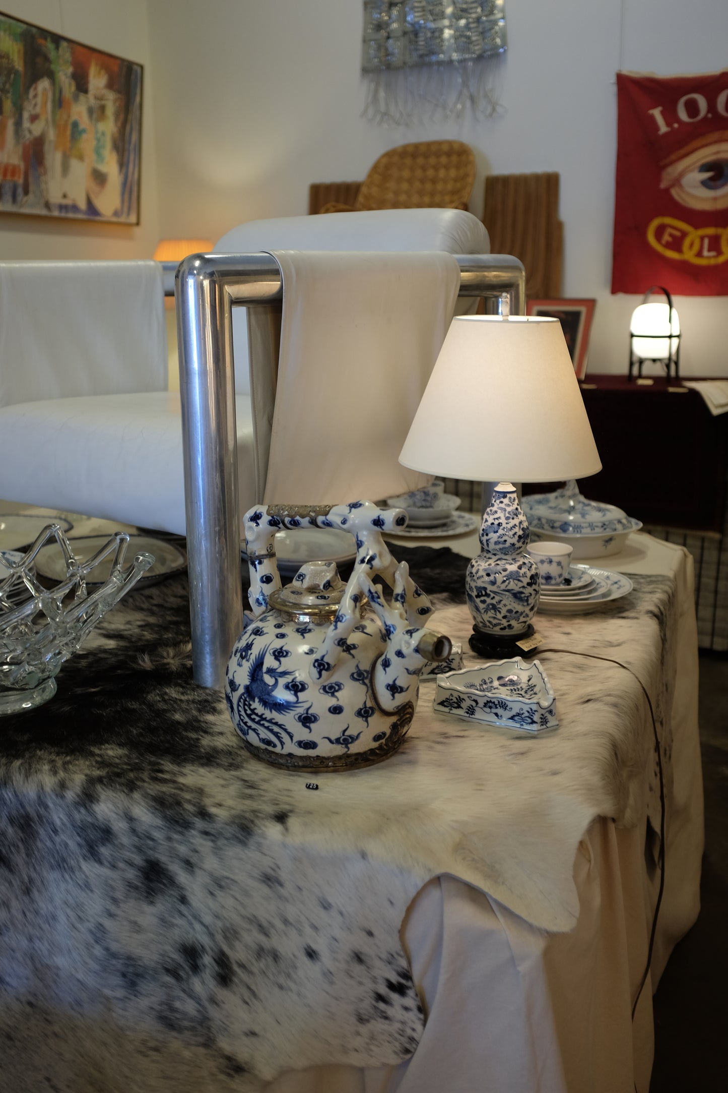 Chinese Blue & White Porcelain Teapot with Silvered Metal Accents, 12.5"h