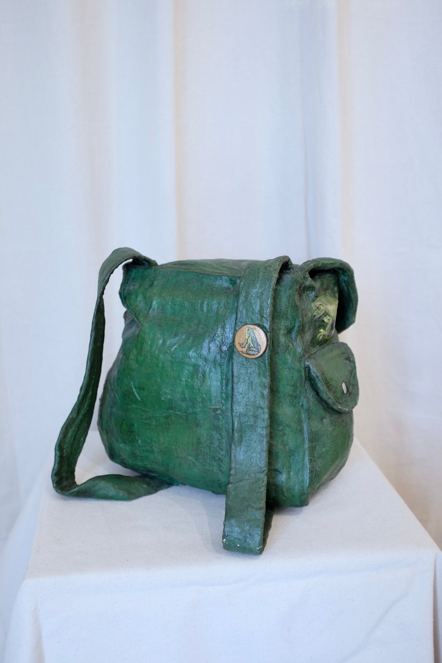 Green Backpack with Frogs, Paper Mache Sculpture