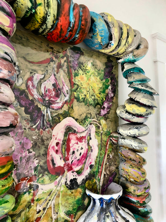 Colorful Painted Collage in Sculpted Frame, Marcia Gygli King