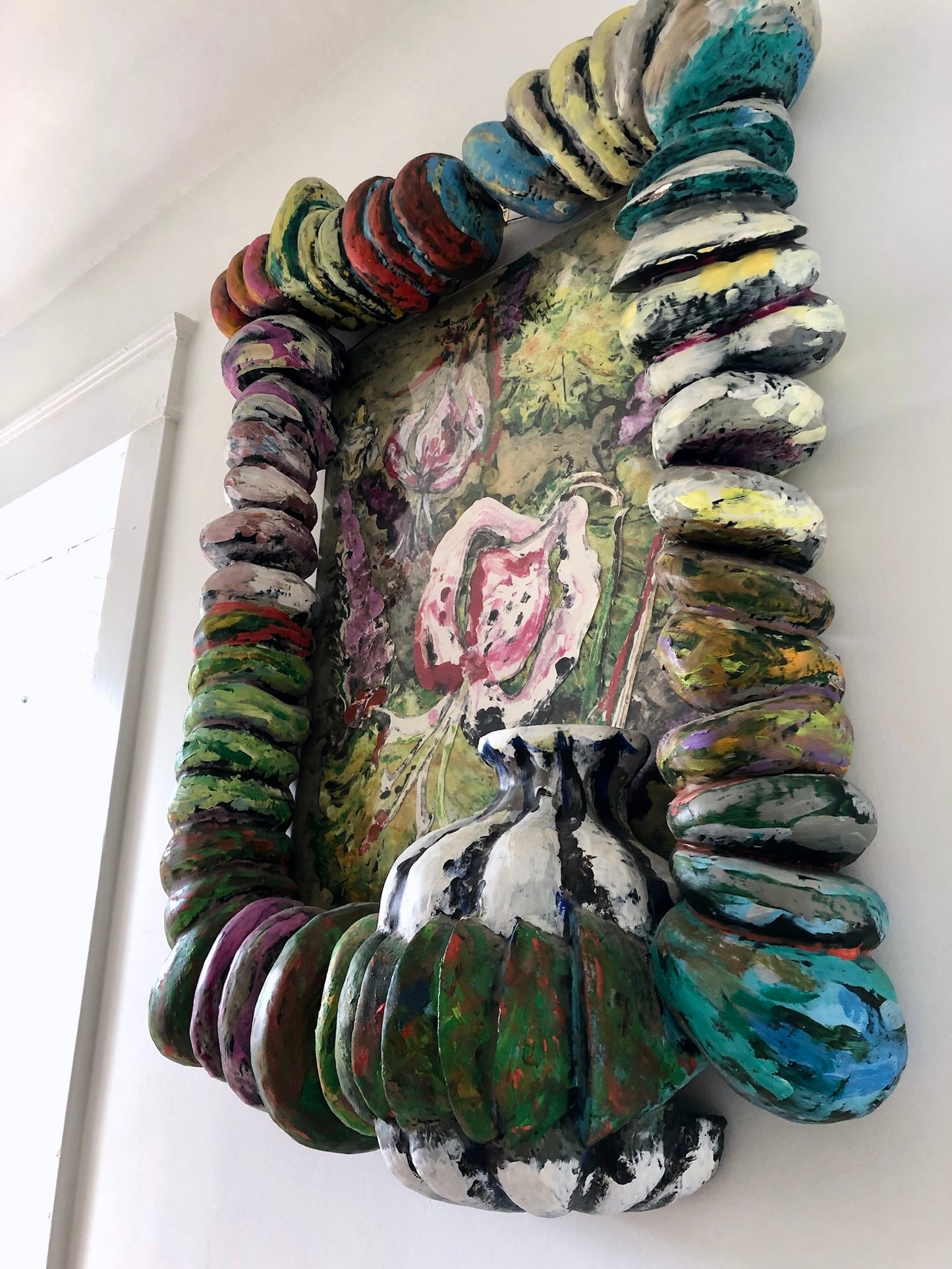 Colorful Painted Collage in Sculpted Frame, Marcia Gygli King