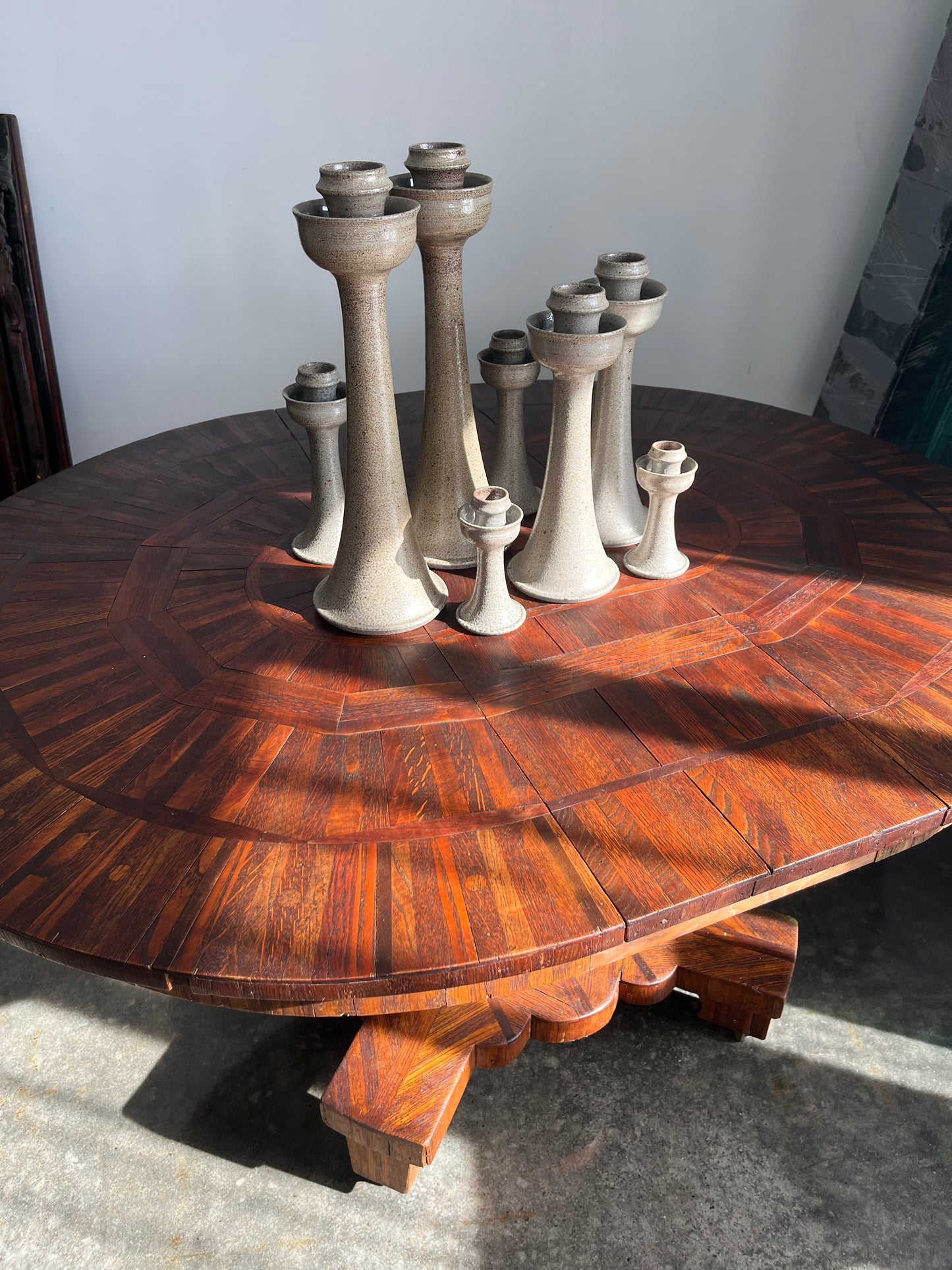 Folk Art Parquetry Arts & Crafts Dining Table on Casters