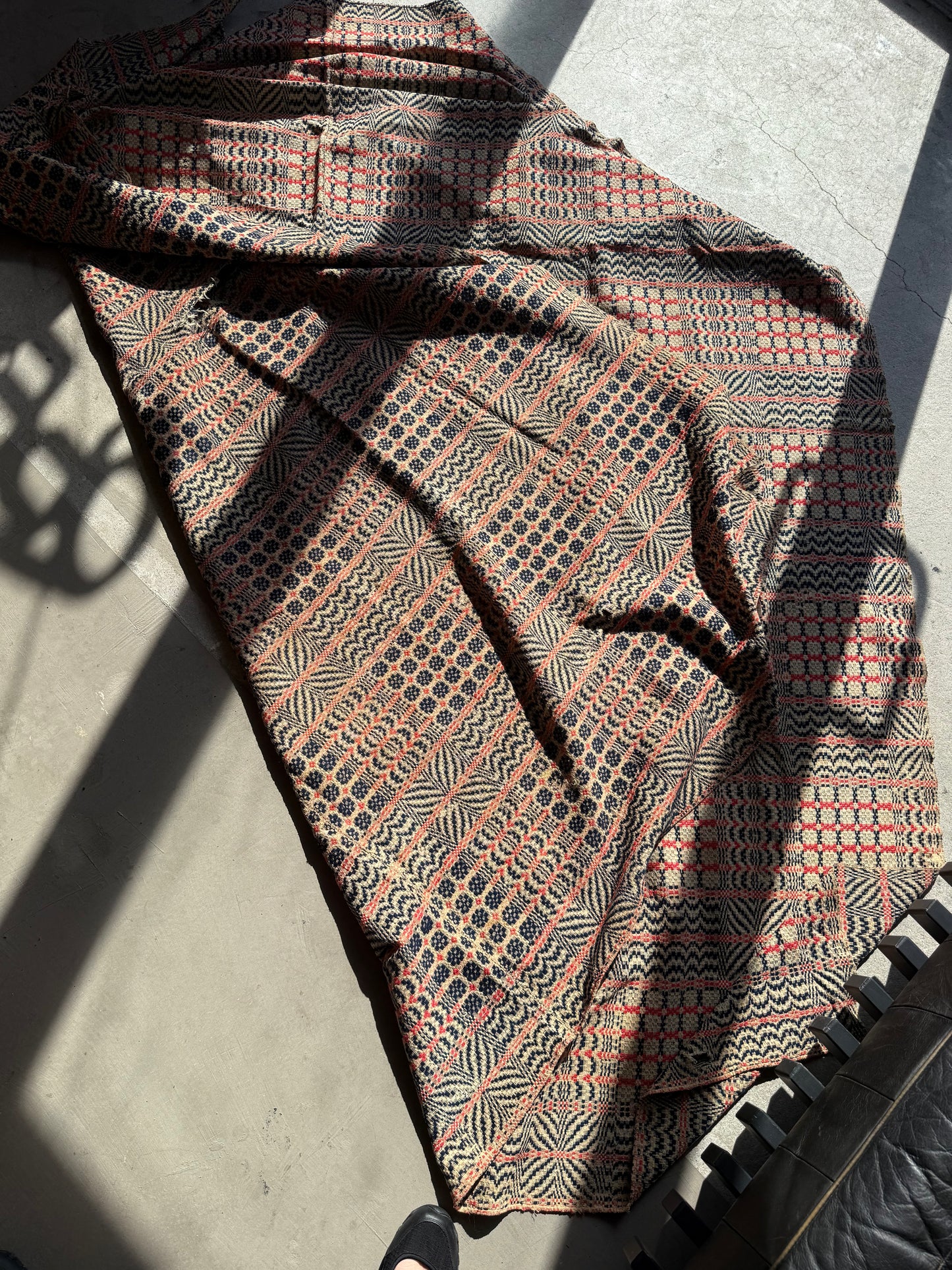 Antique Virginia Wool Overshot Coverlet, Red, Blue, and Cream