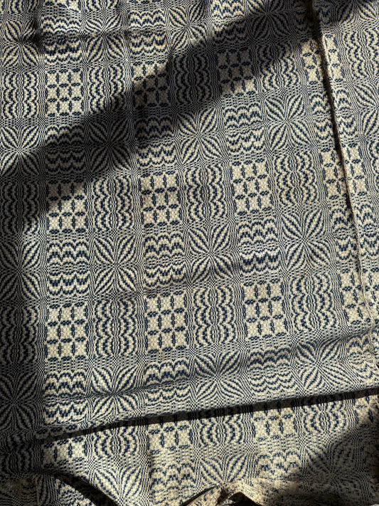 Intricate Antique Virginia Wool Overshot Coverlet, Blue and Cream