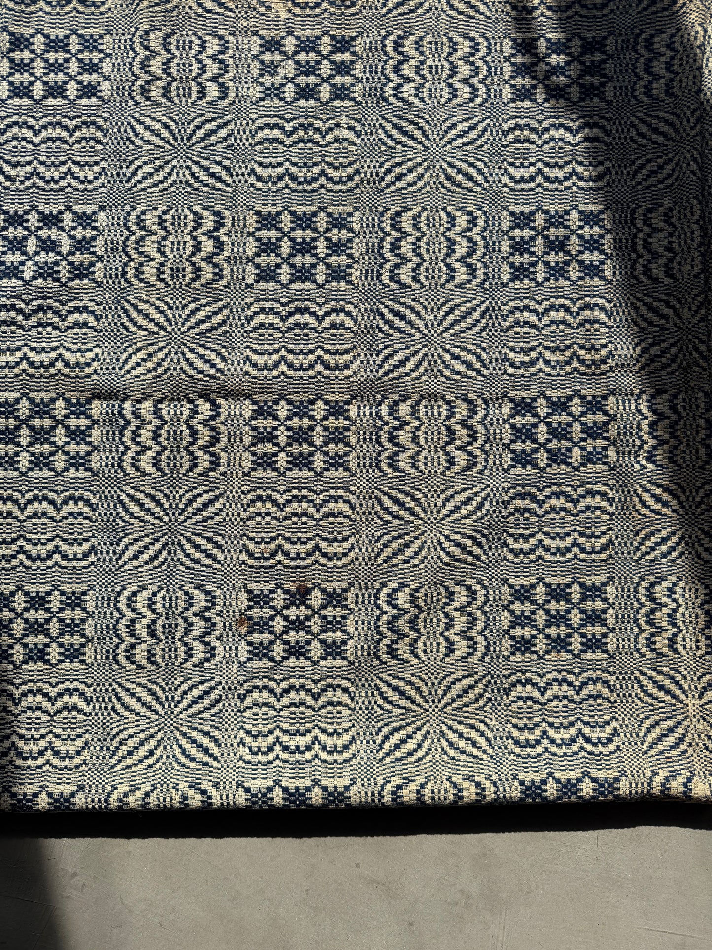 Intricate Antique Virginia Wool Overshot Coverlet, Blue and Cream