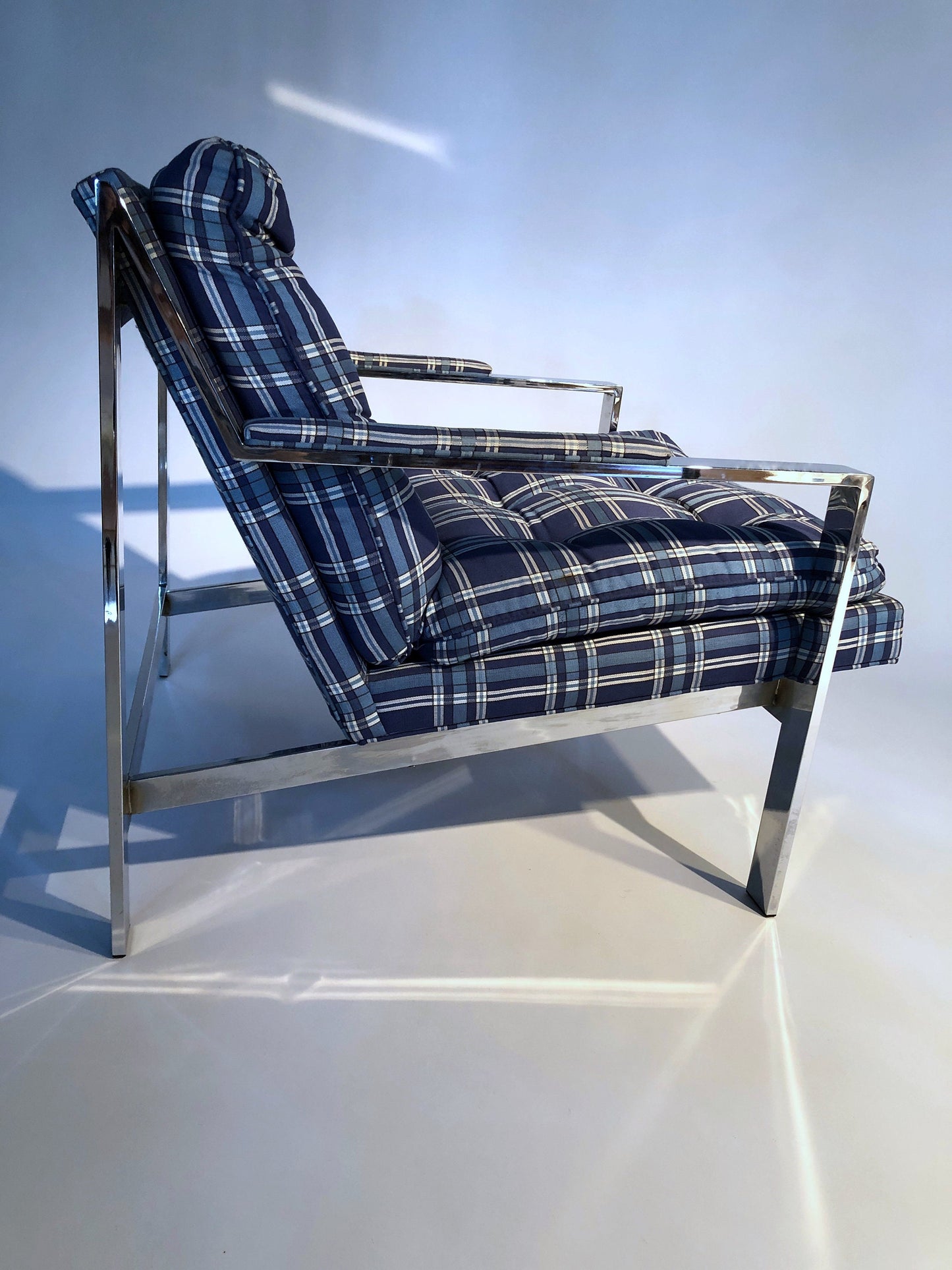 Cy Mann Plaid and Chrome Chairs, Pair