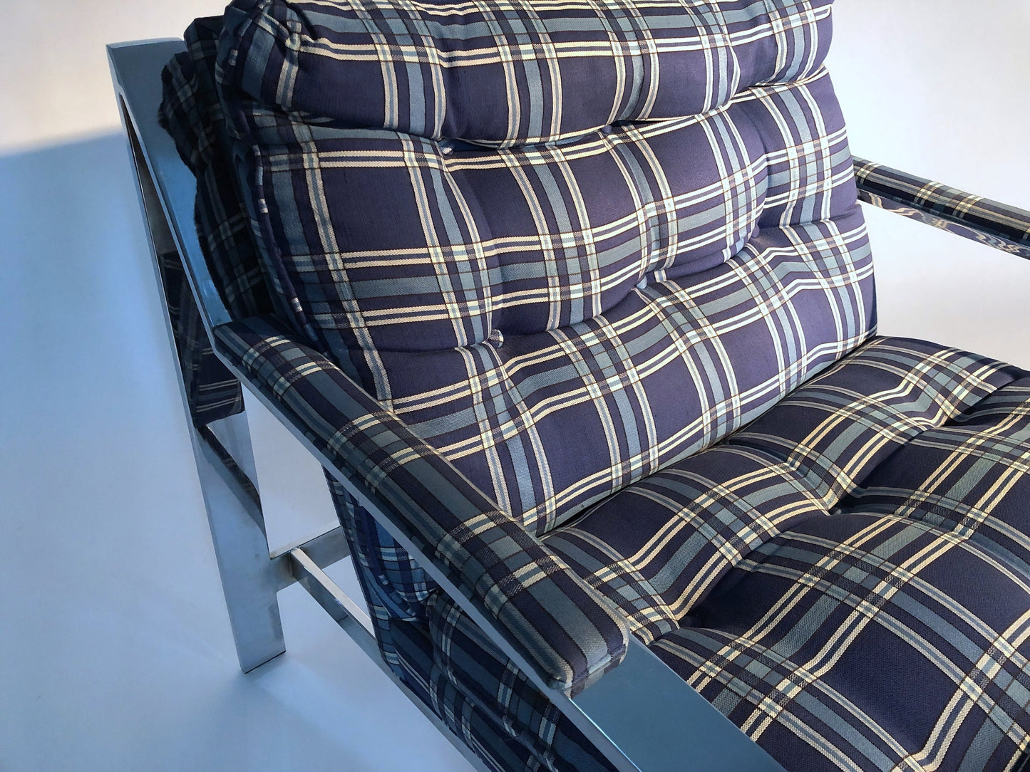 Cy Mann Plaid and Chrome Chairs, Pair