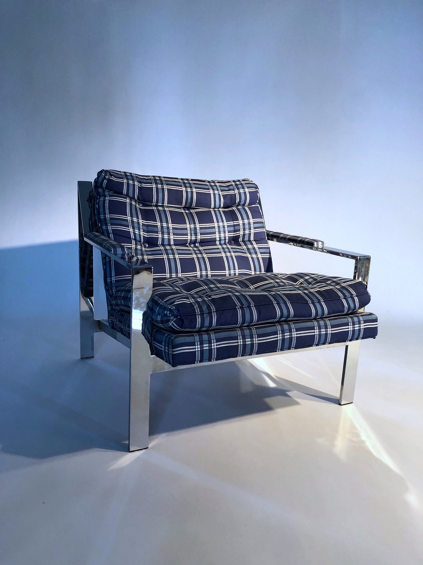 Cy Mann Plaid and Chrome Chairs, Pair