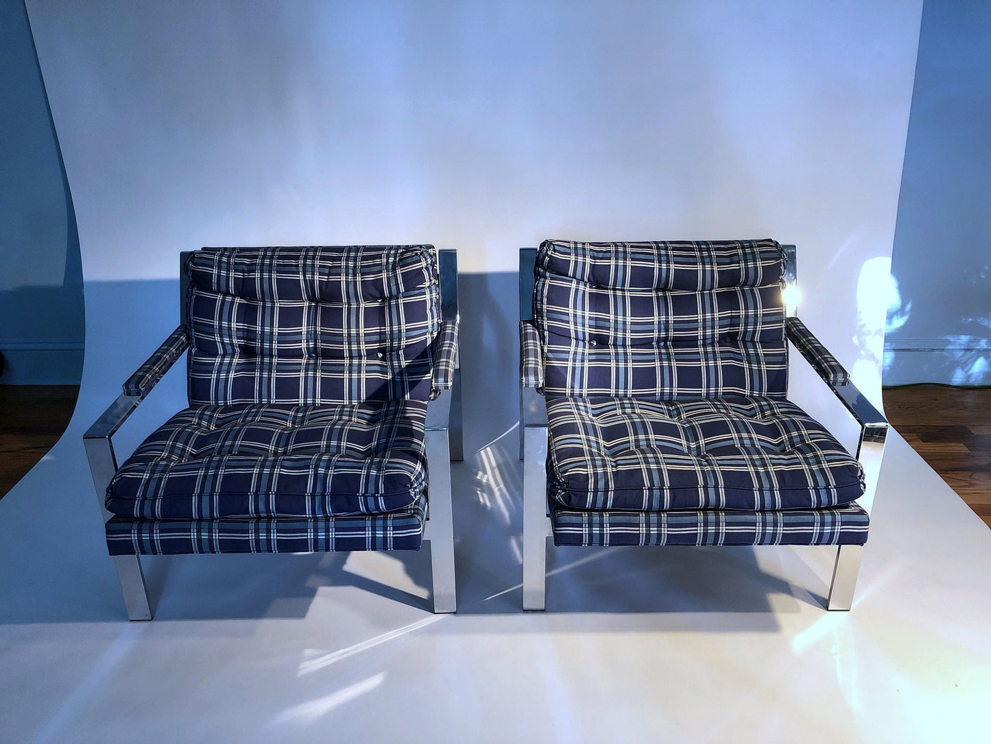 Cy Mann Plaid and Chrome Chairs, Pair