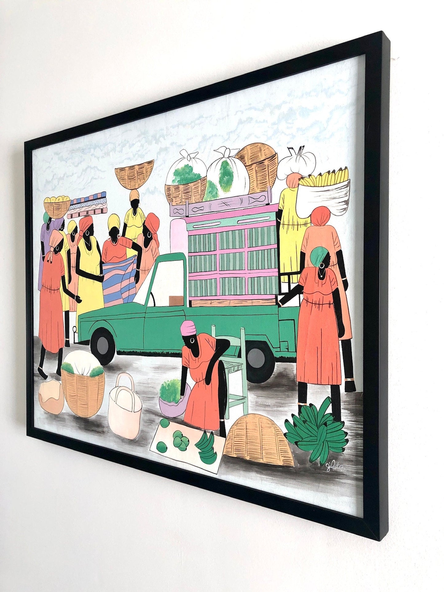 Framed Haitian Acrylic Painting of Women at Market, signed Gilot
