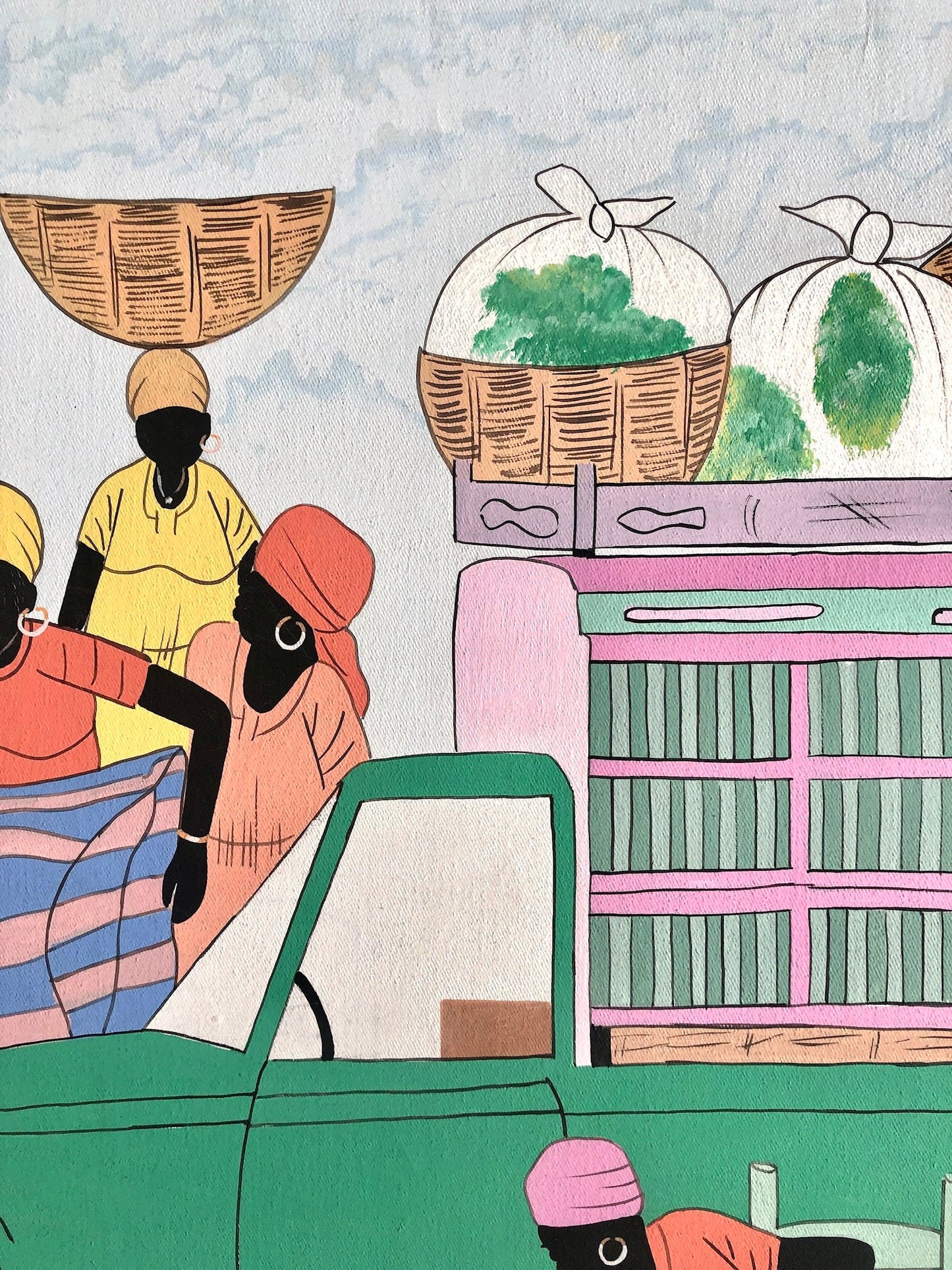 Framed Haitian Acrylic Painting of Women at Market, signed Gilot