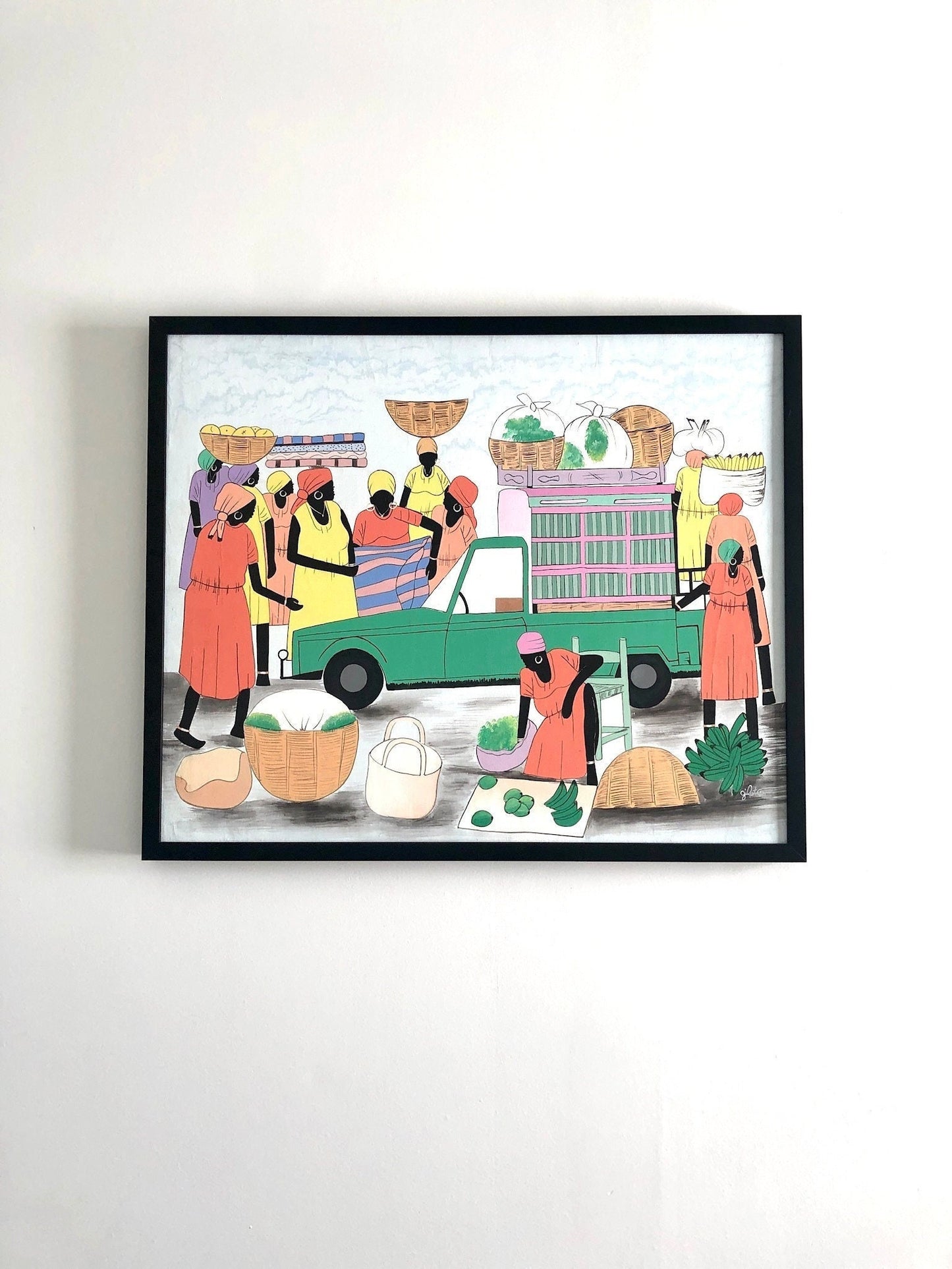 Framed Haitian Acrylic Painting of Women at Market, signed Gilot