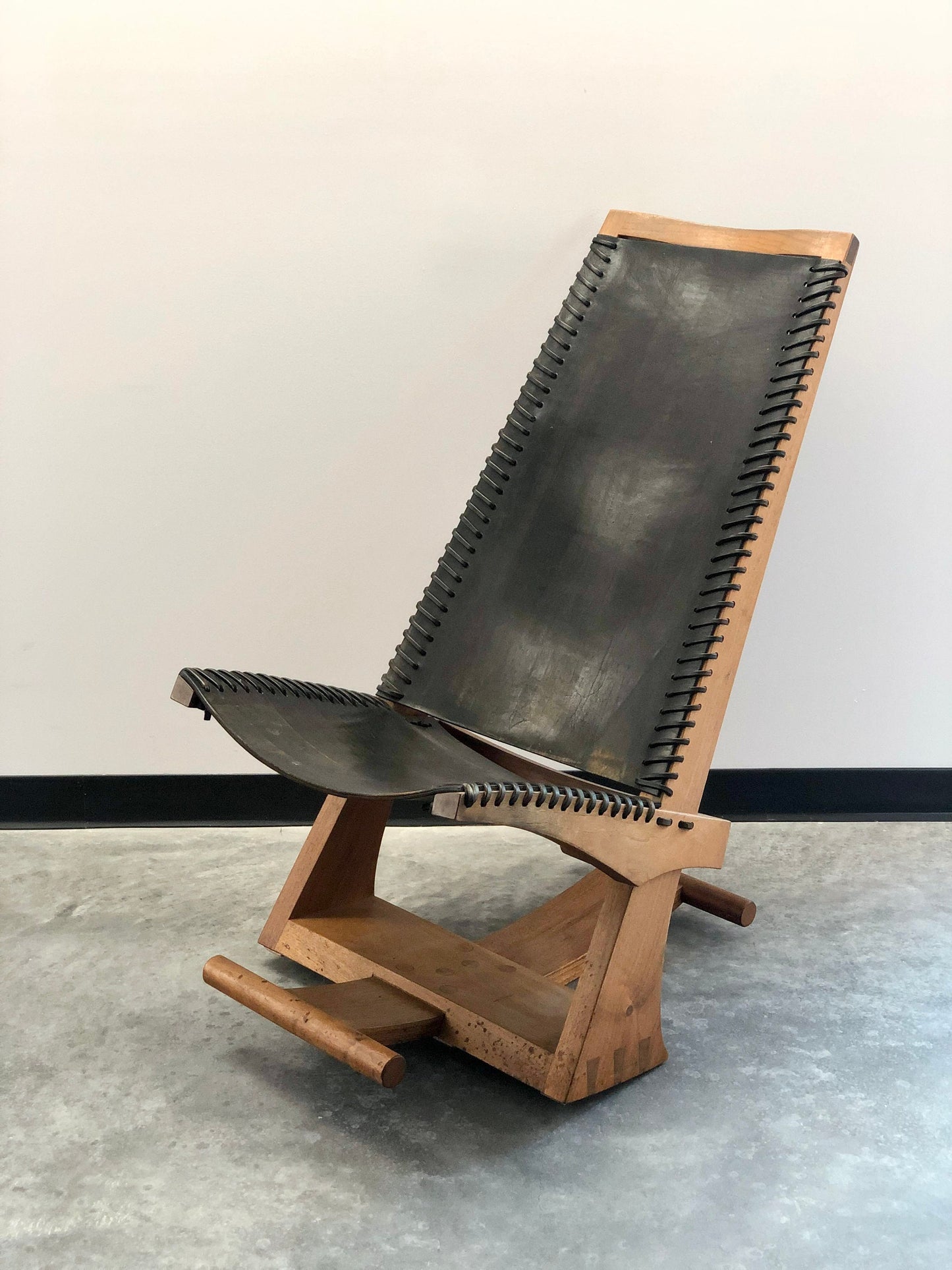 Studio Made Black Leather and Wood Rocking Chair