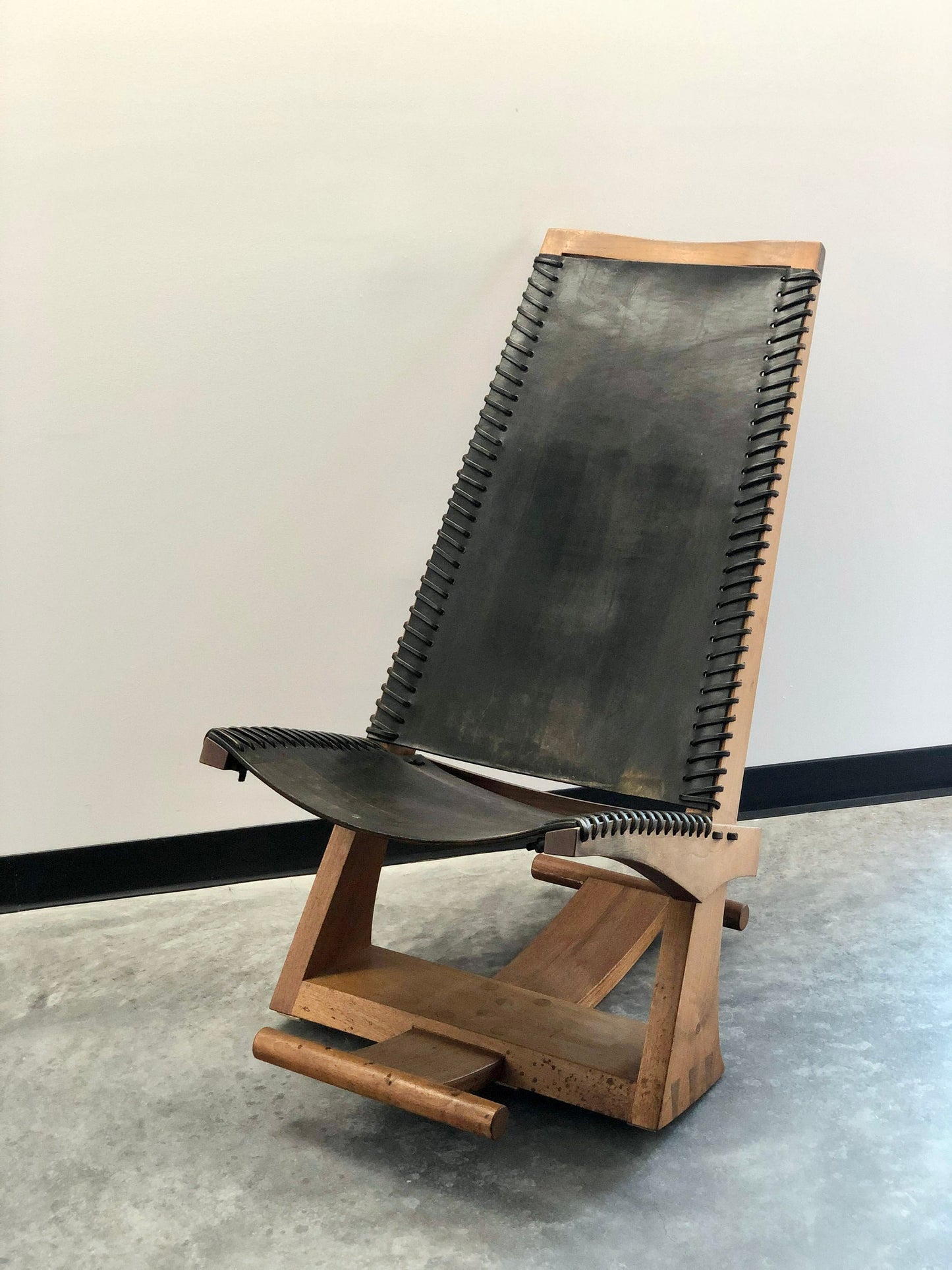 Studio Made Black Leather and Wood Rocking Chair