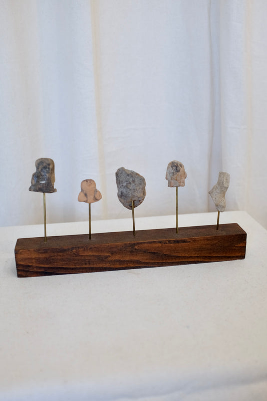 5 Latin American Effigy Heads on Wood Stand