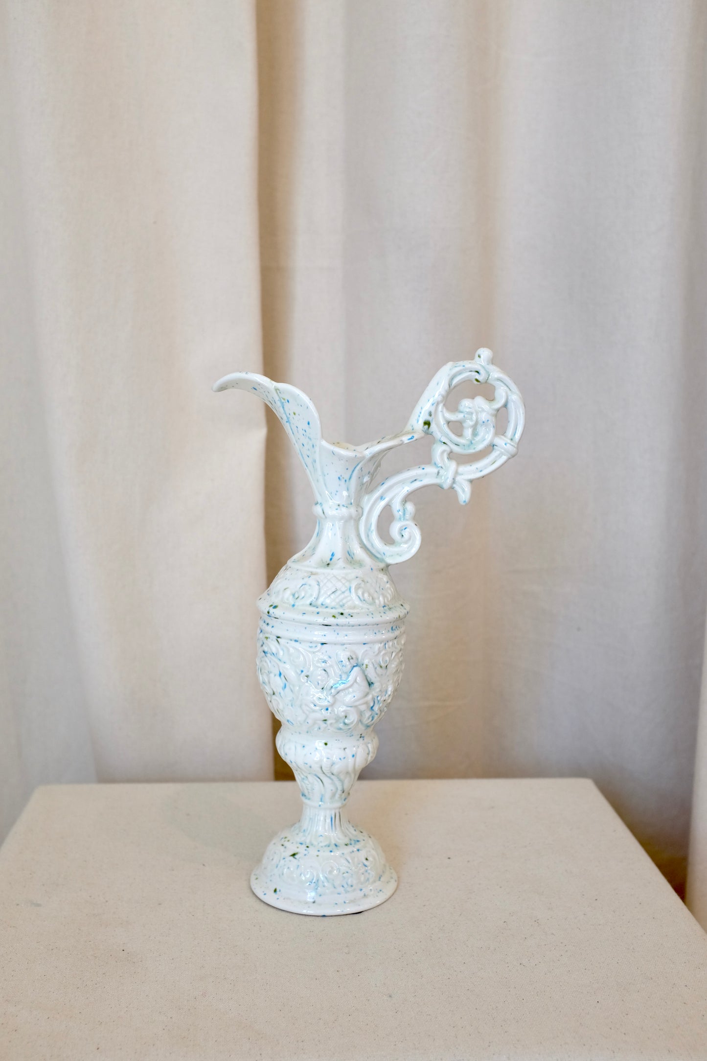 Blue and White Speckled Pitcher Vase