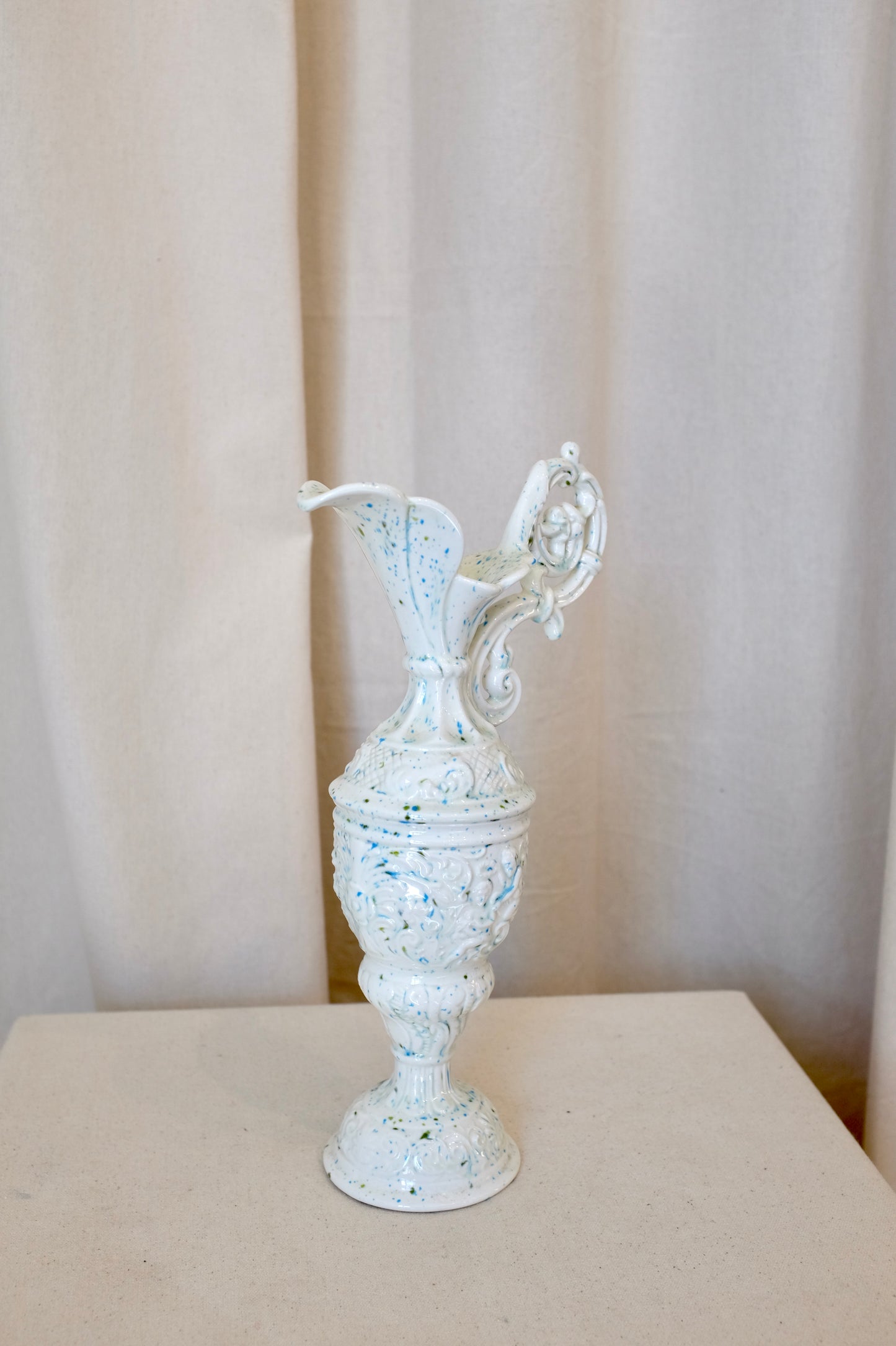 Blue and White Speckled Pitcher Vase