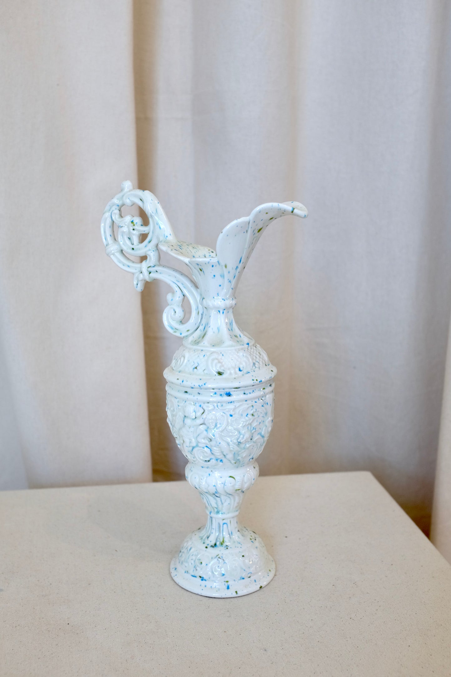 Blue and White Speckled Pitcher Vase