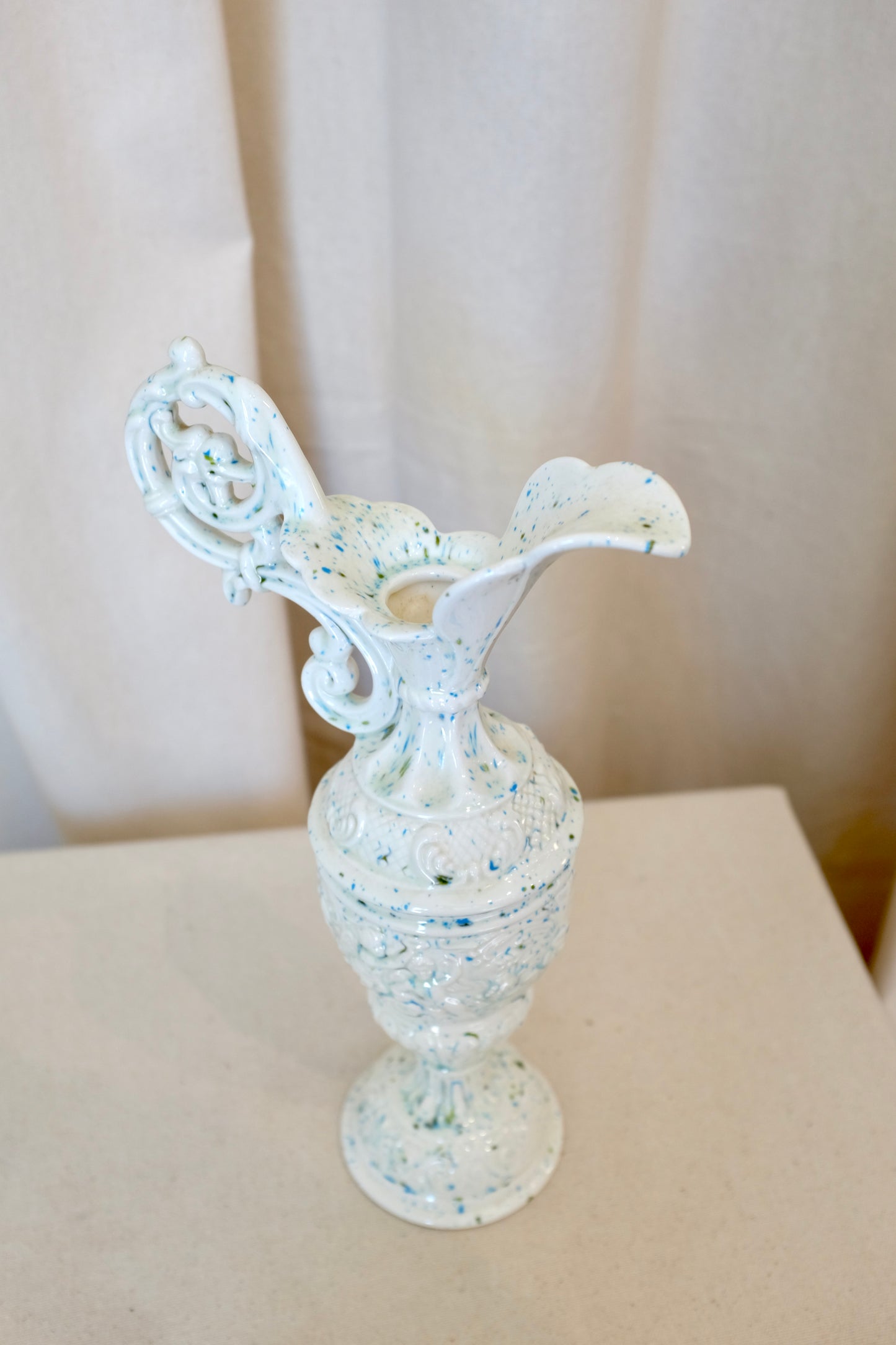 Blue and White Speckled Pitcher Vase